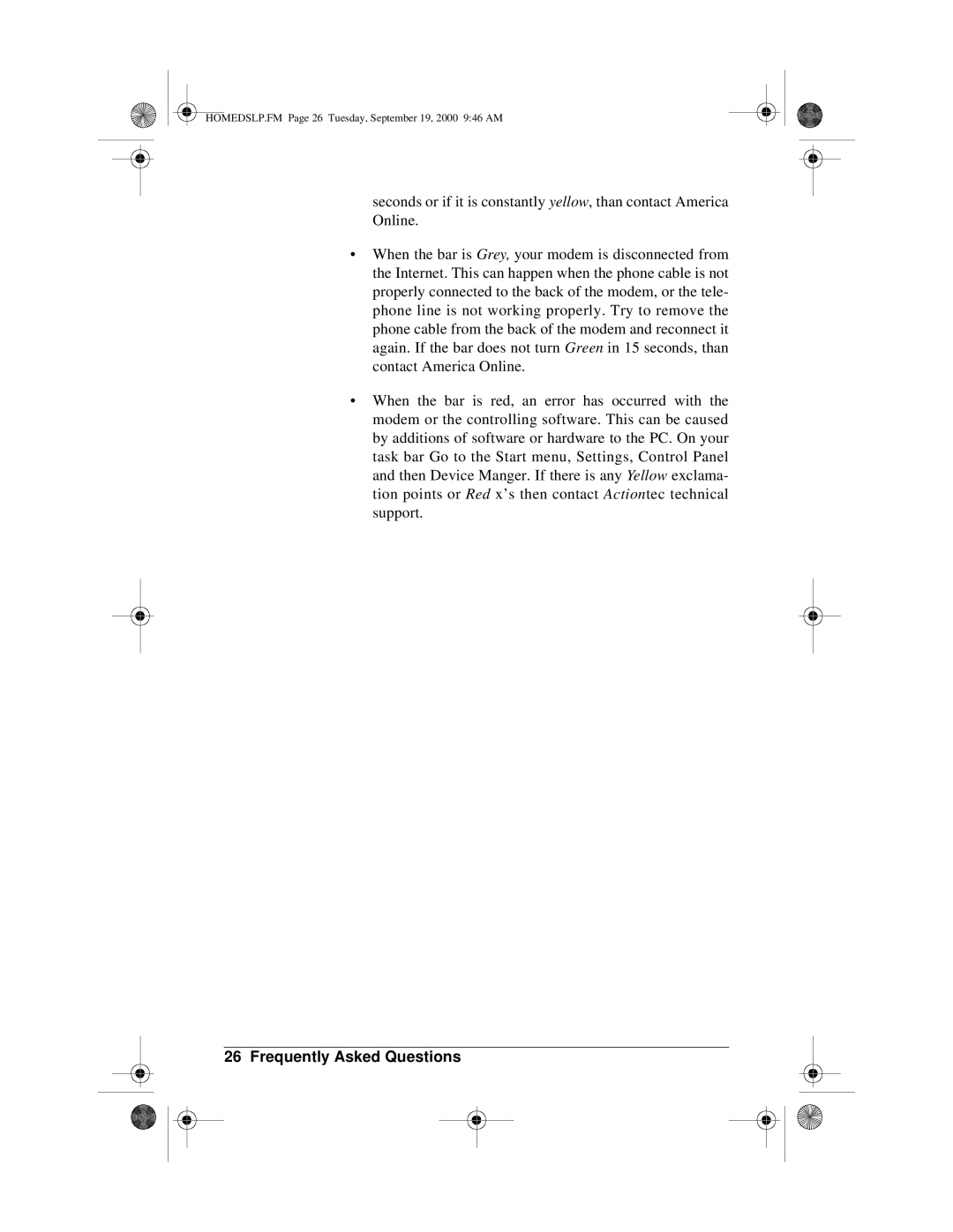 Actiontec electronic PCI0839-01 manual HOMEDSLP.FM Page 26 Tuesday, September 19, 2000 946 AM 