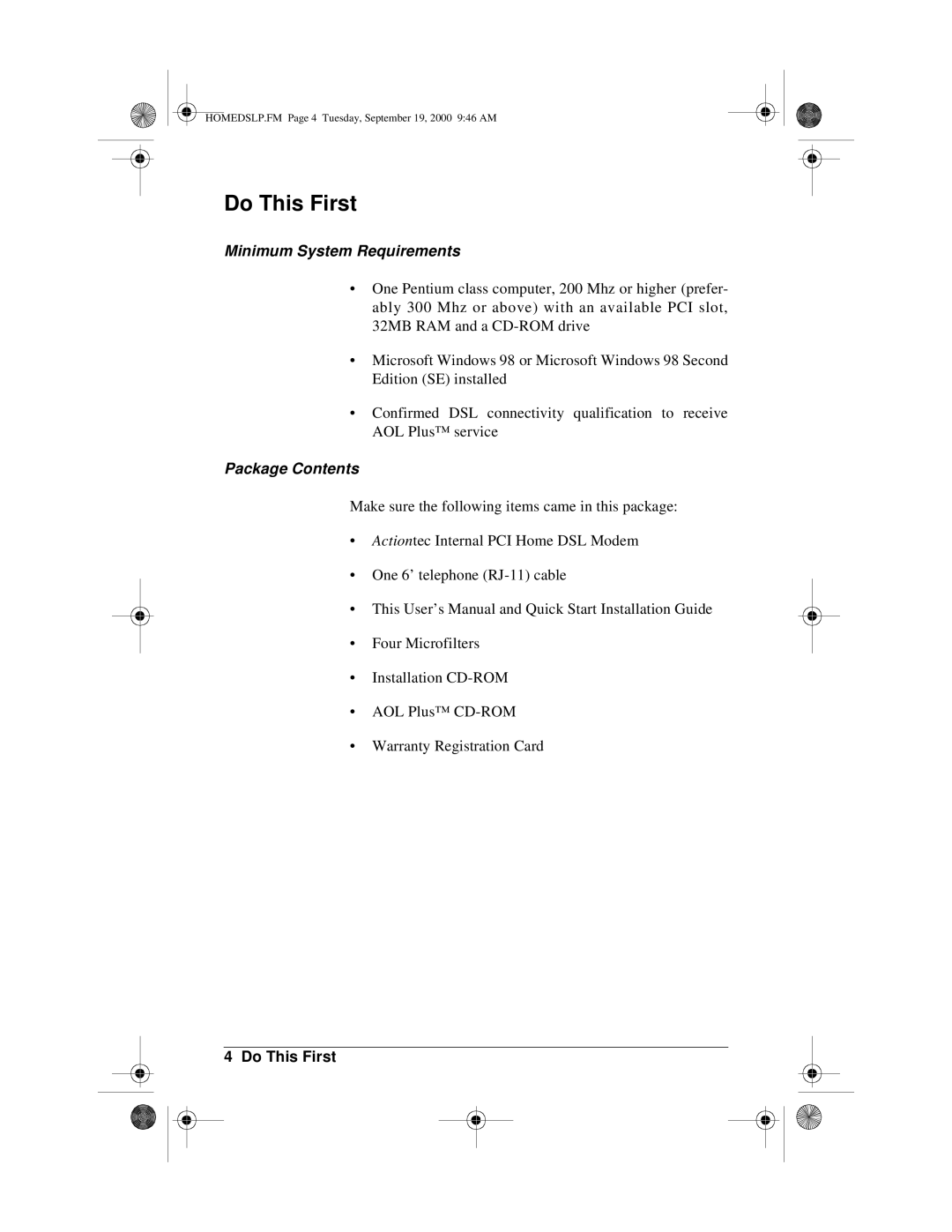 Actiontec electronic PCI0839-01 manual Do This First, Minimum System Requirements, Package Contents 