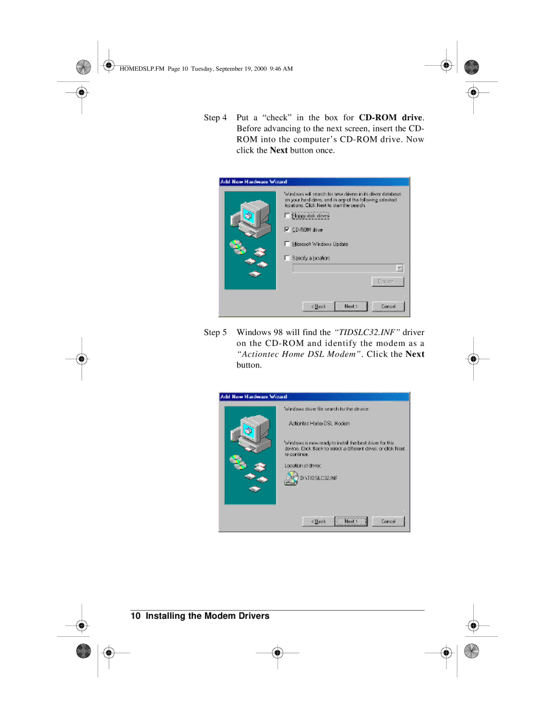 Actiontec electronic PCI0839-01 manual HOMEDSLP.FM Page 10 Tuesday, September 19, 2000 946 AM 