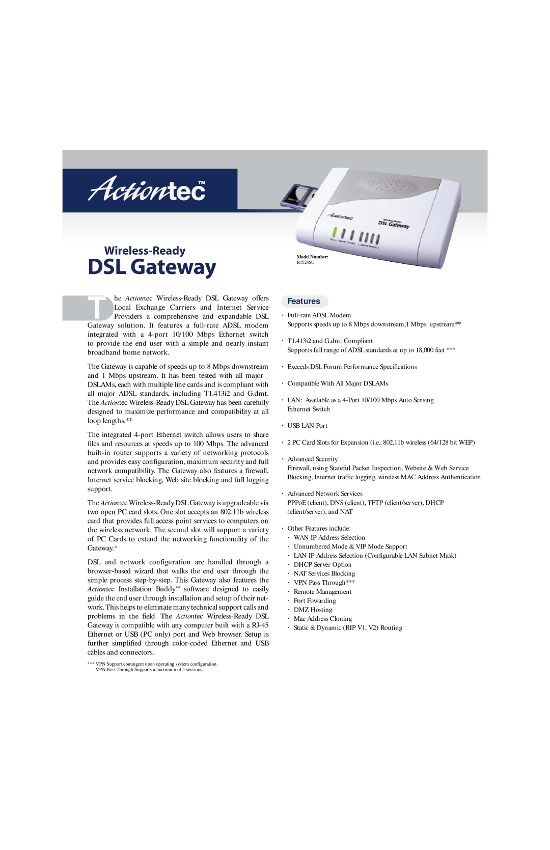 Actiontec electronic R1524SU specifications DSL Gateway, Wireless-Ready, Features 