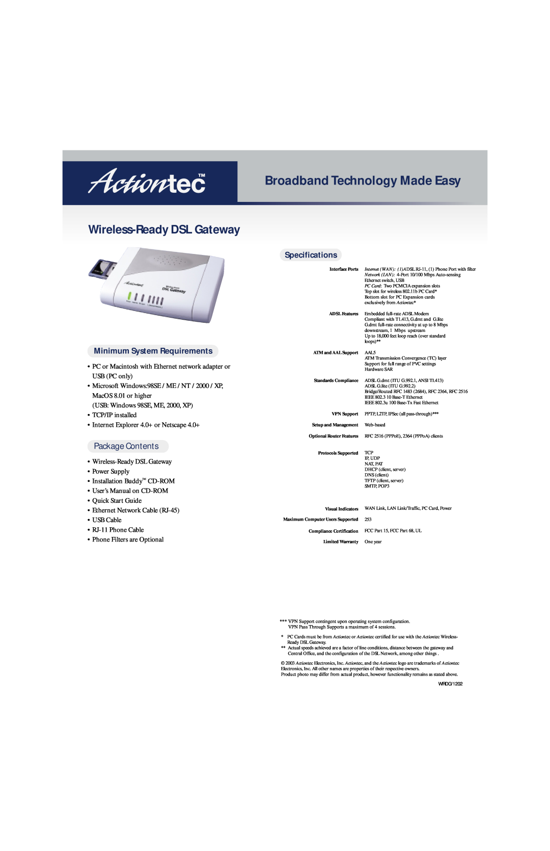 Actiontec electronic R1524SU Wireless-Ready DSL Gateway, Minimum System Requirements, Package Contents, Specifications 