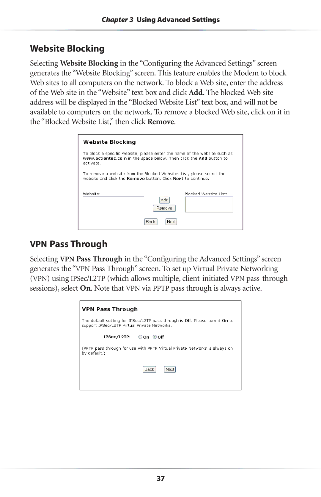 Actiontec electronic R4500U user manual Website Blocking, VPN Pass Through 