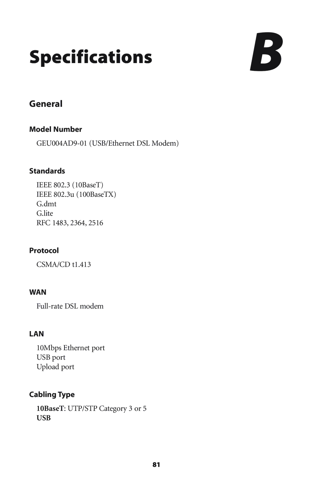 Actiontec electronic R4500U user manual Specifications B 