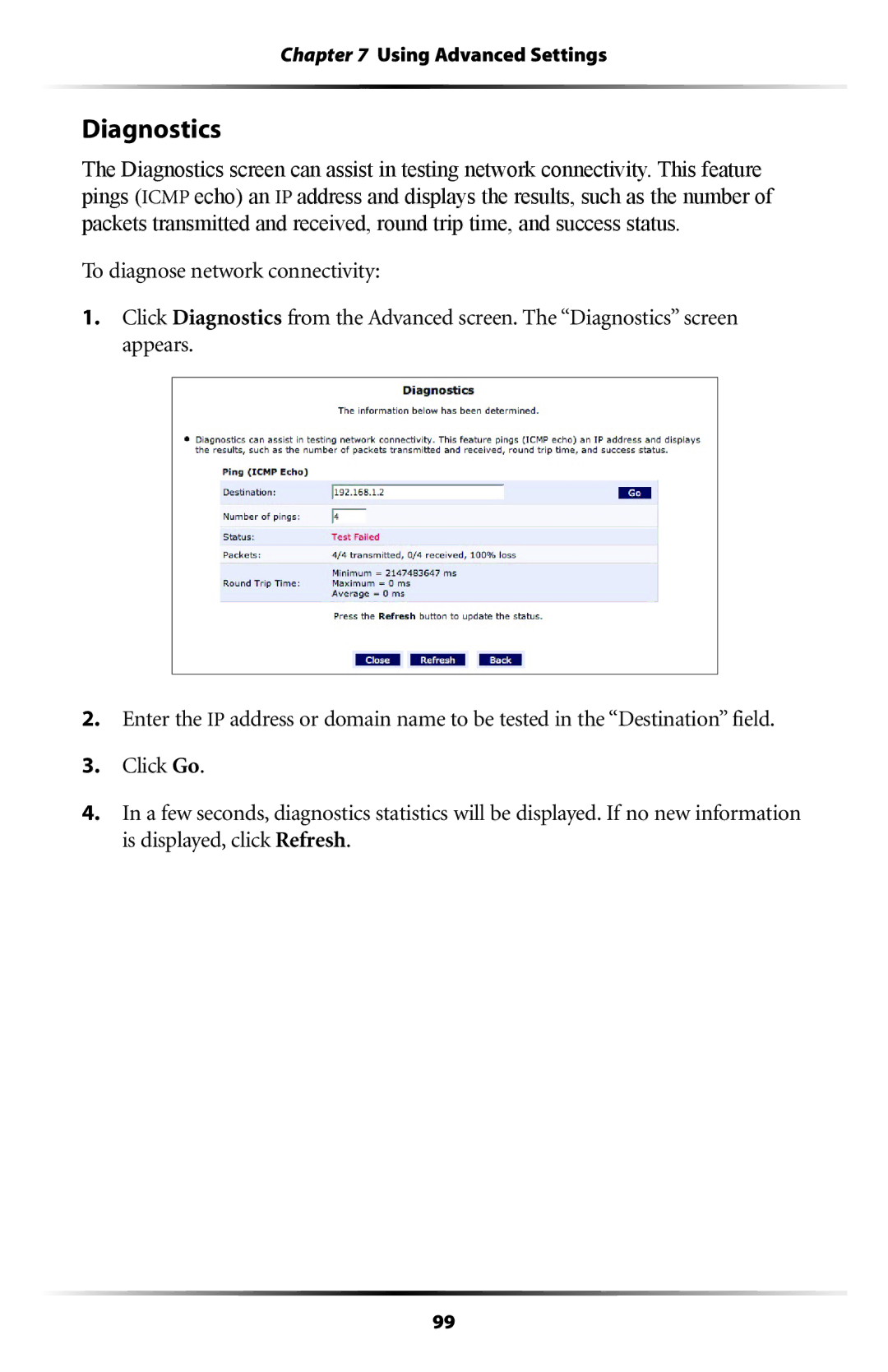 Actiontec electronic RI408 user manual Diagnostics 