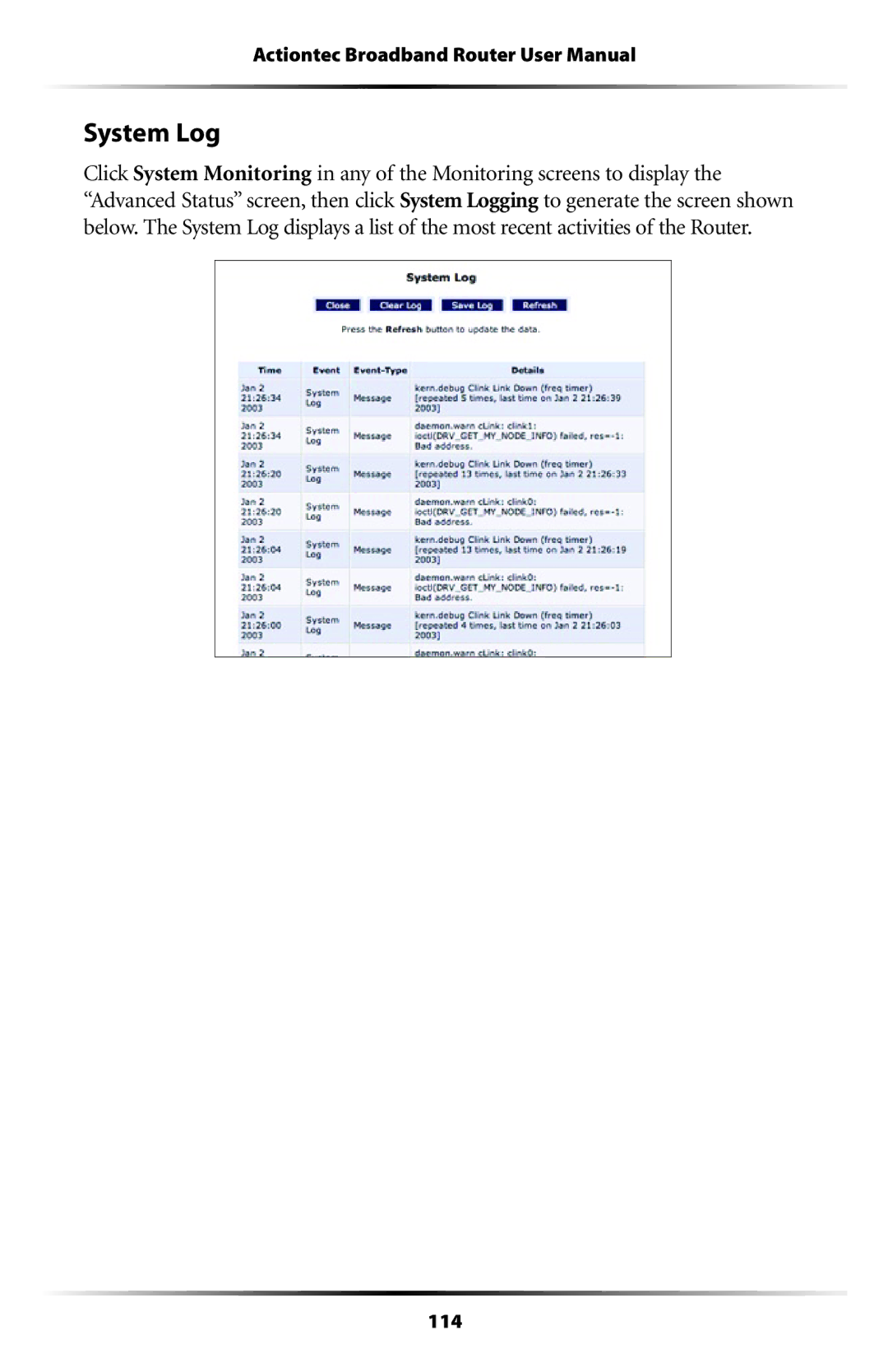 Actiontec electronic RI408 user manual System Log 