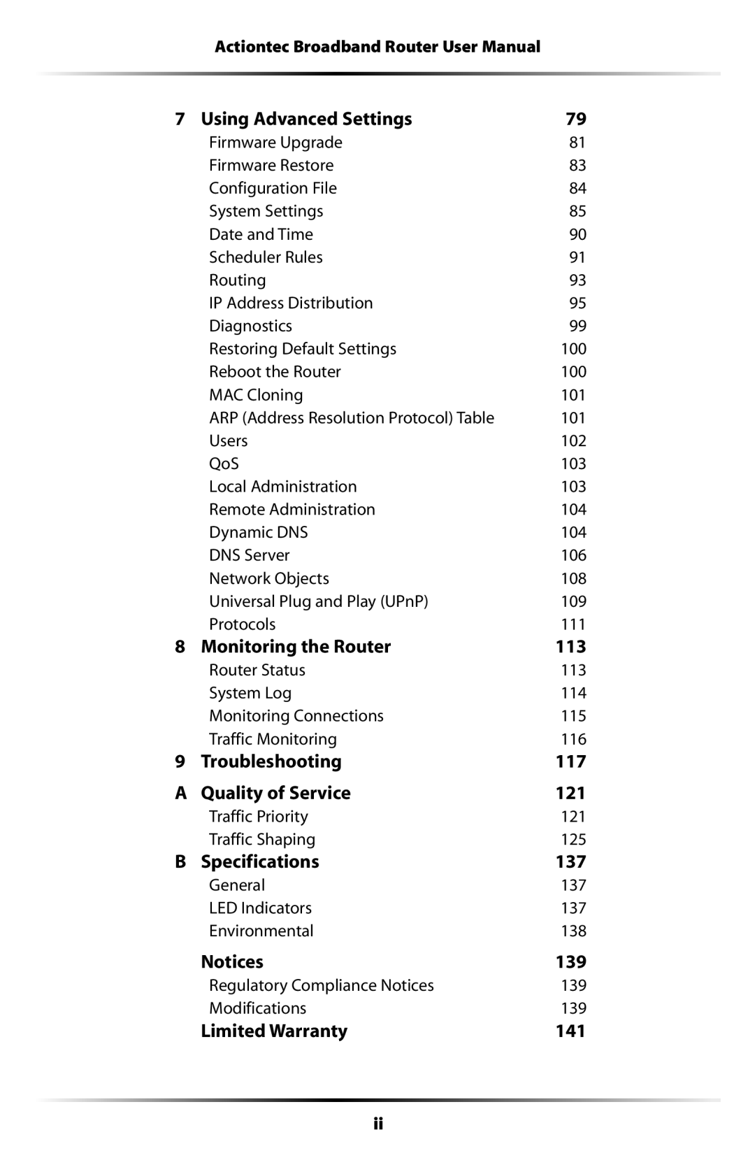 Actiontec electronic RI408 Using Advanced Settings, Monitoring the Router 113, Troubleshooting 117 Quality of Service 121 