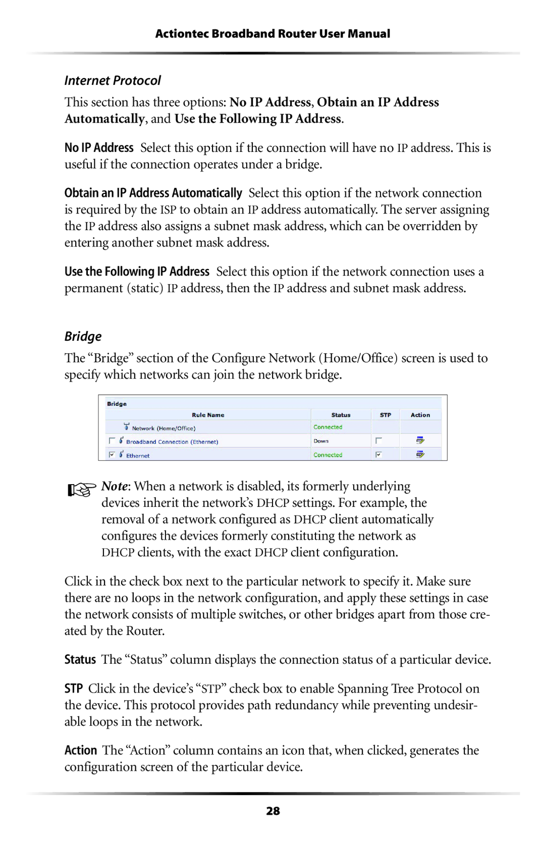 Actiontec electronic RI408 user manual Internet Protocol, Bridge 