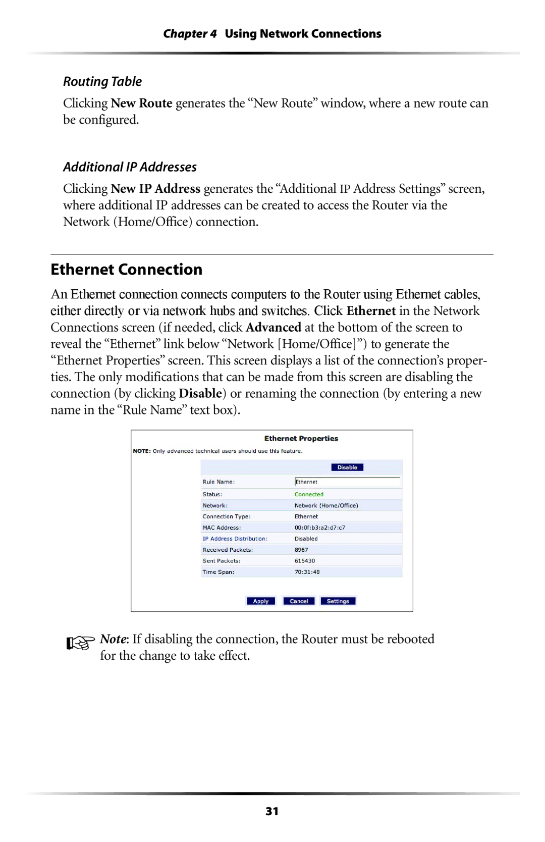 Actiontec electronic RI408 user manual Ethernet Connection, Routing Table, Additional IP Addresses 