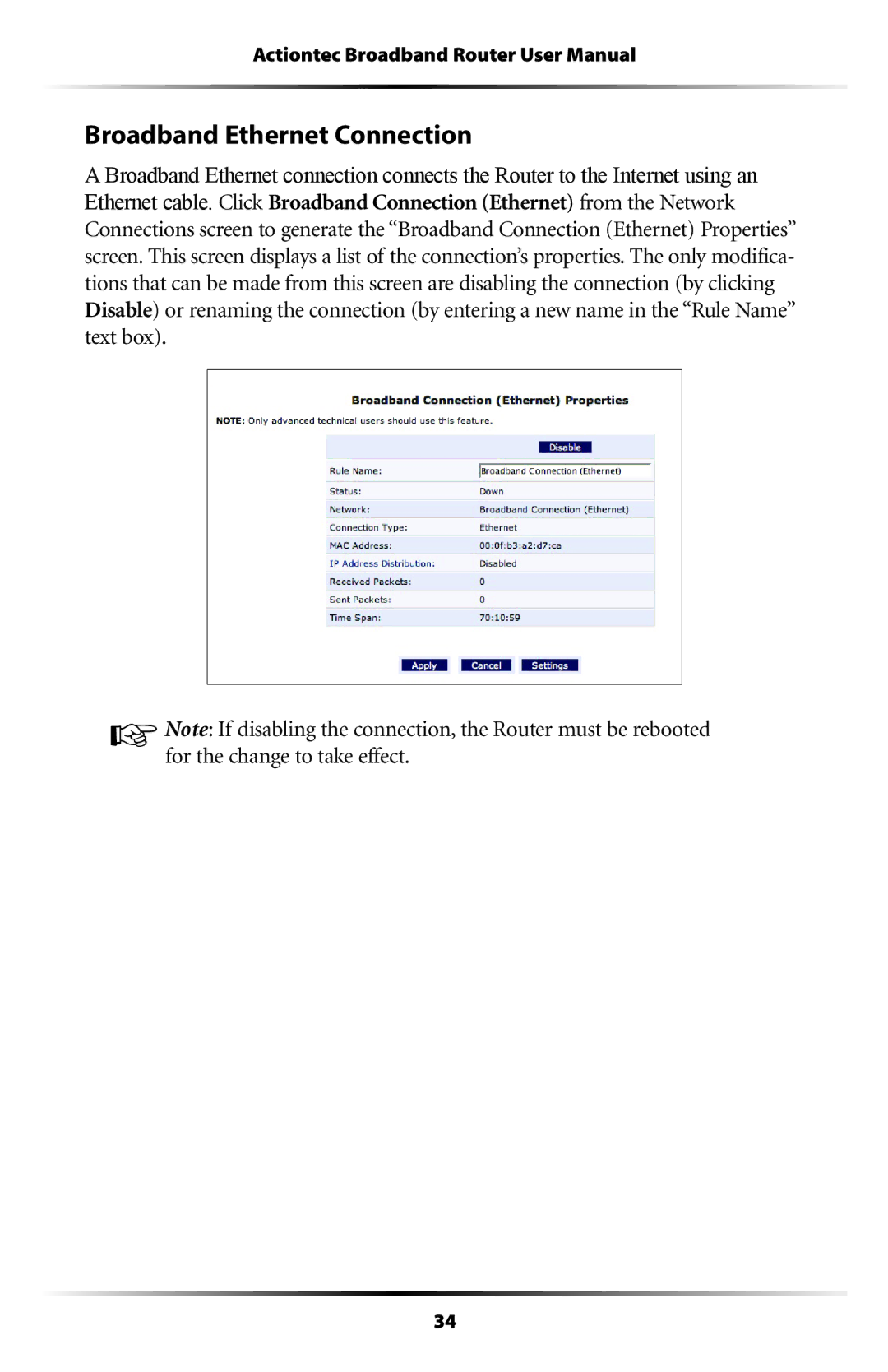 Actiontec electronic RI408 user manual Broadband Ethernet Connection 