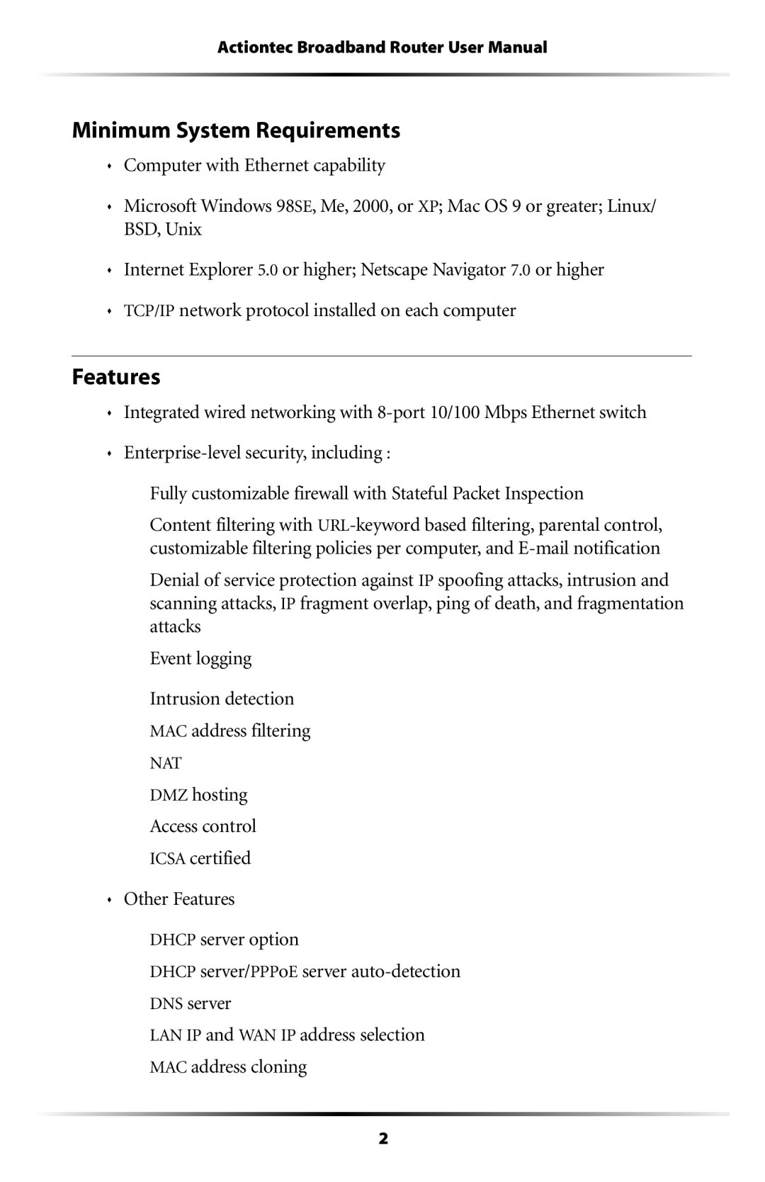 Actiontec electronic RI408 user manual Minimum System Requirements, Features 