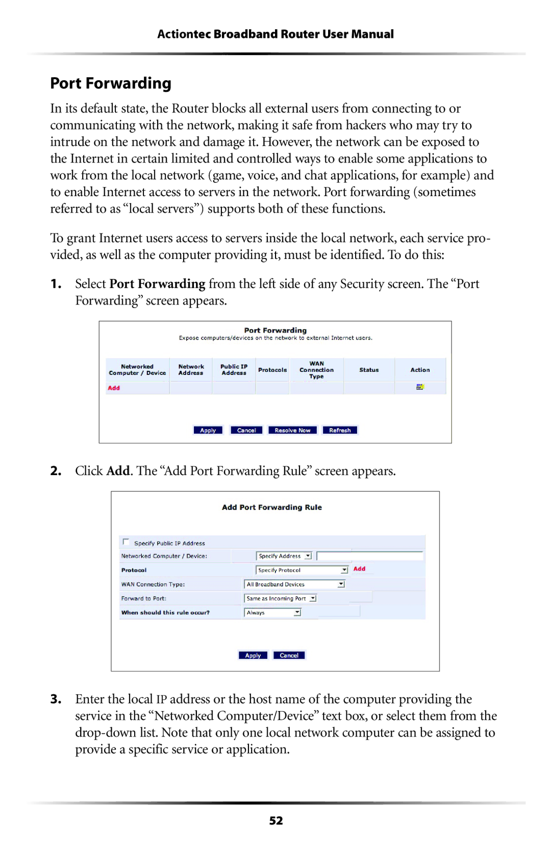 Actiontec electronic RI408 user manual Port Forwarding 