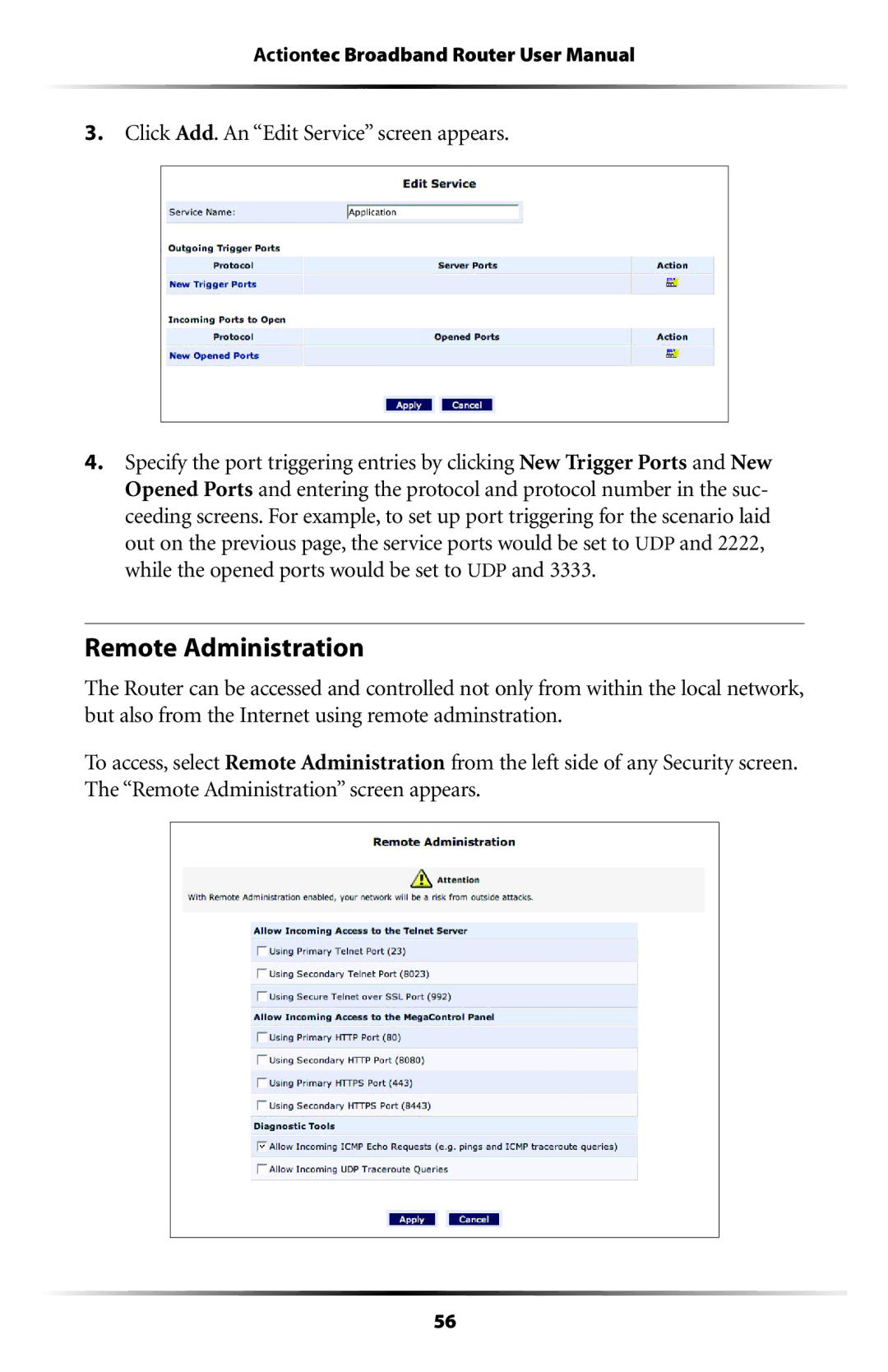 Actiontec electronic RI408 user manual Remote Administration, Click Add. An Edit Service screen appears 