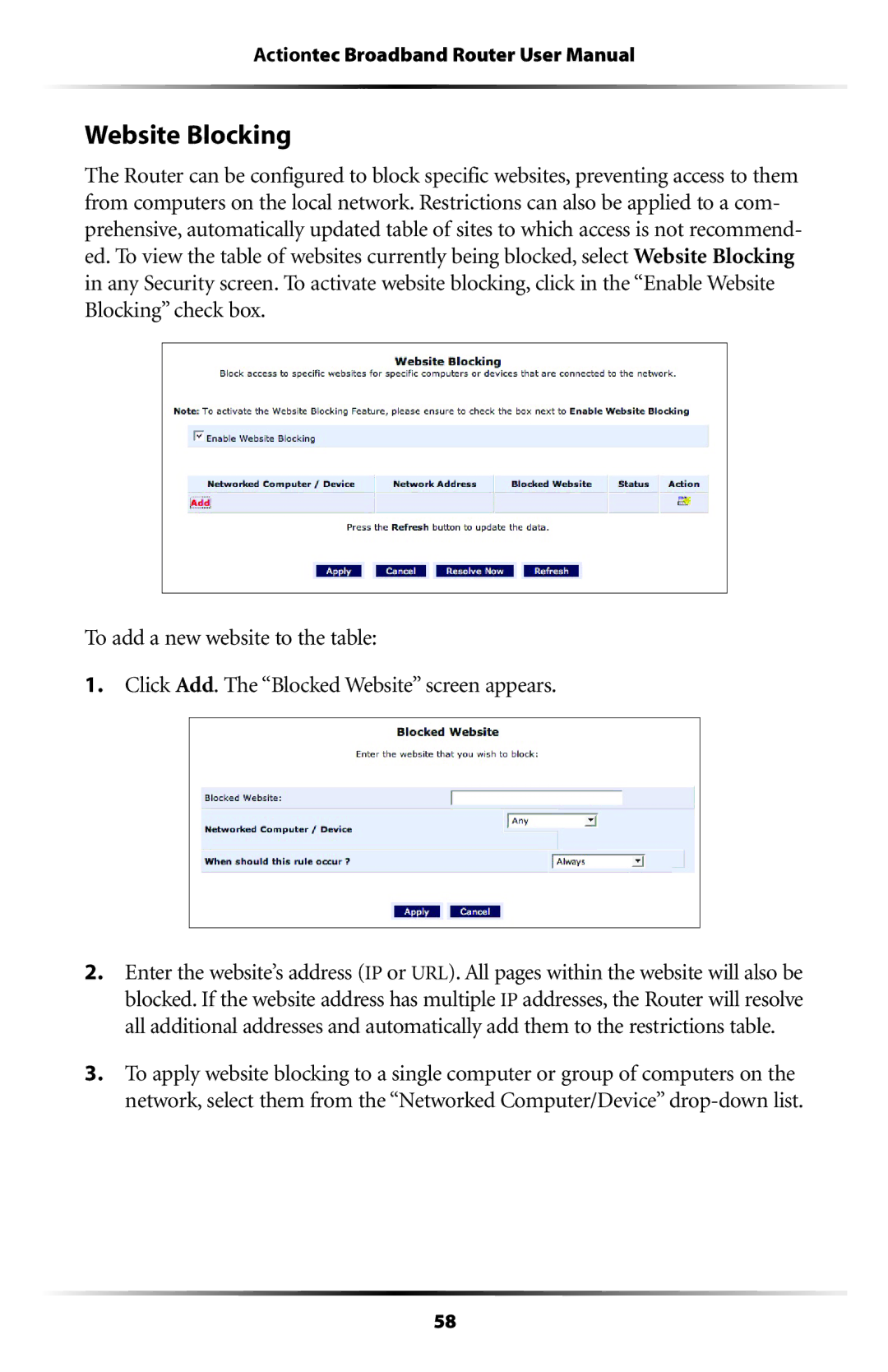 Actiontec electronic RI408 user manual Website Blocking 