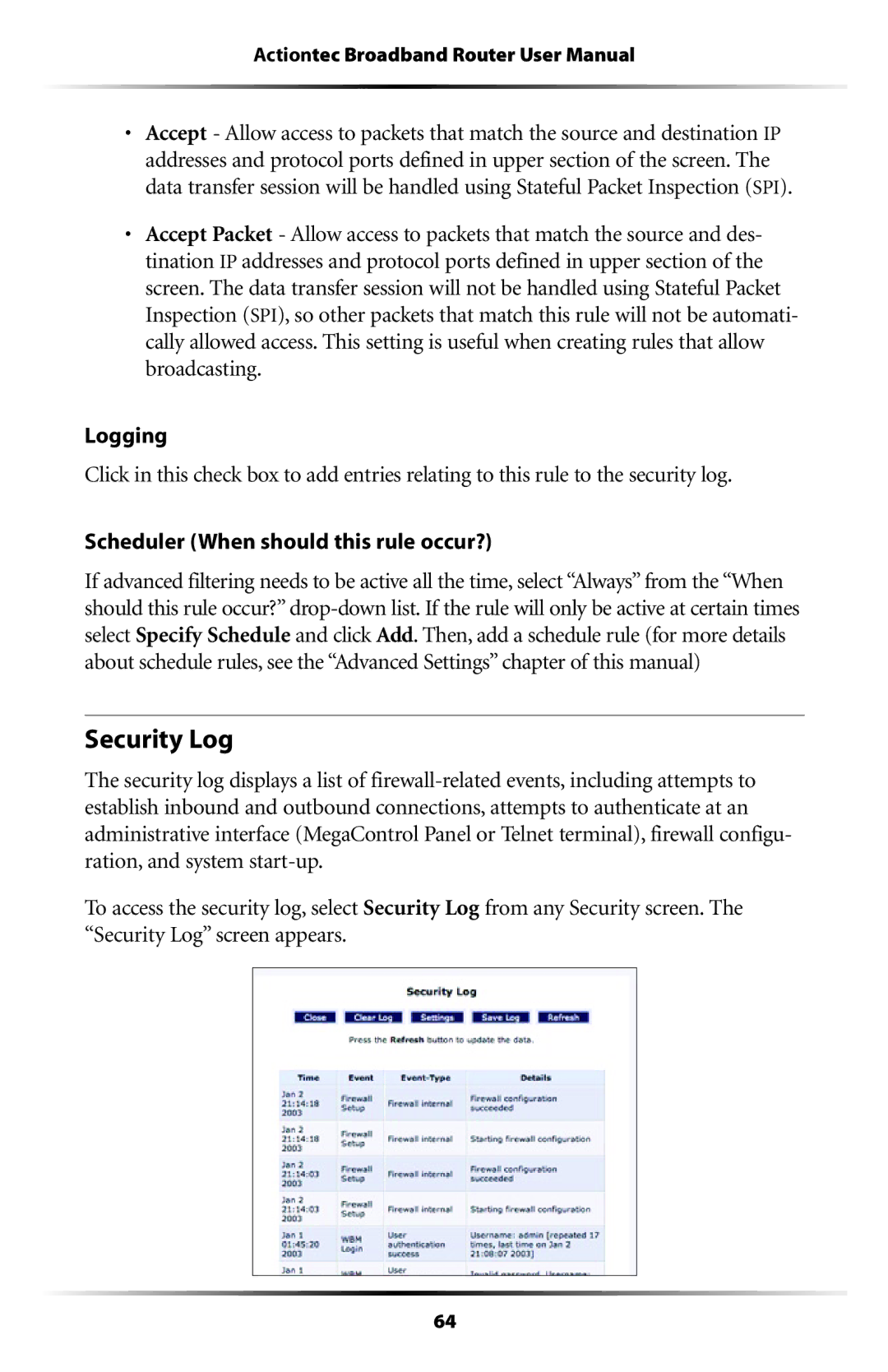 Actiontec electronic RI408 user manual Security Log 