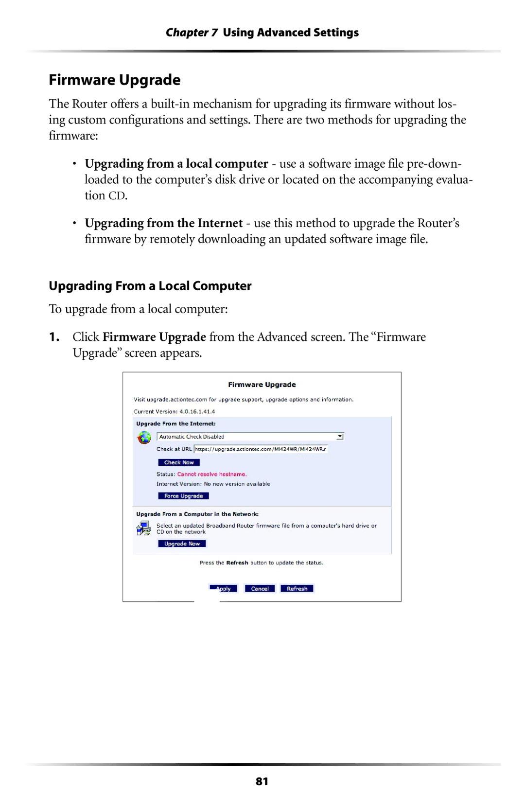 Actiontec electronic RI408 user manual Firmware Upgrade 