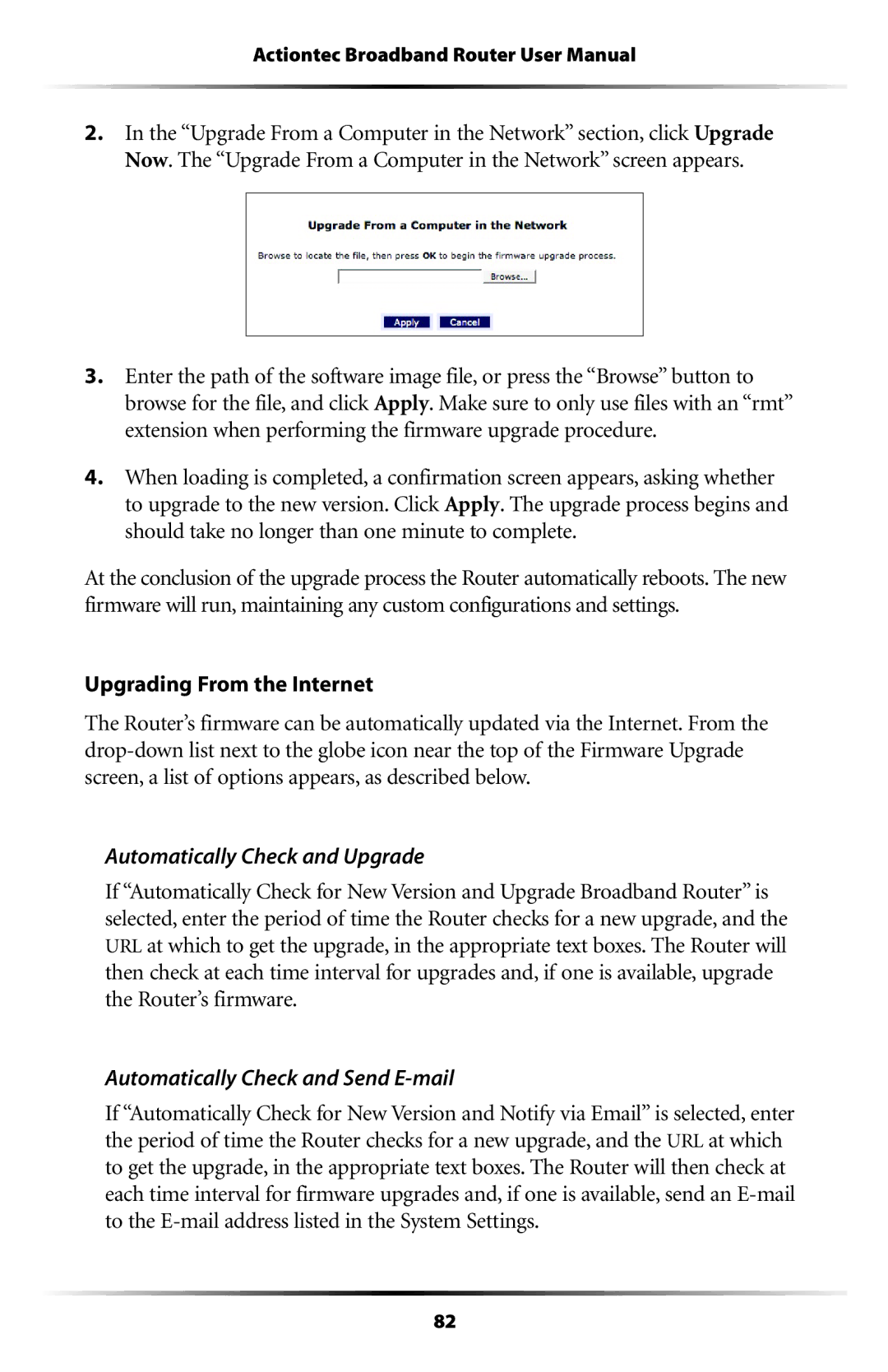 Actiontec electronic RI408 user manual Upgrading From the Internet, Automatically Check and Upgrade 