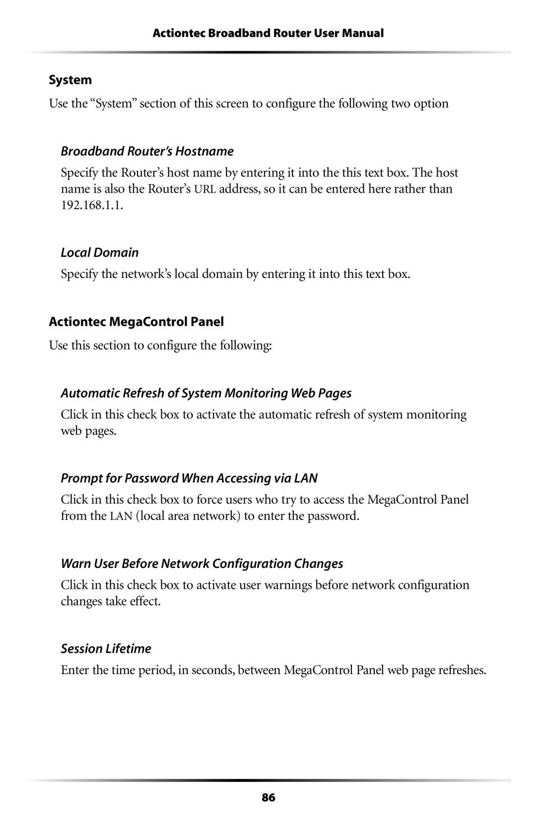 Actiontec electronic RI408 Broadband Router’s Hostname, Local Domain, Automatic Refresh of System Monitoring Web Pages 