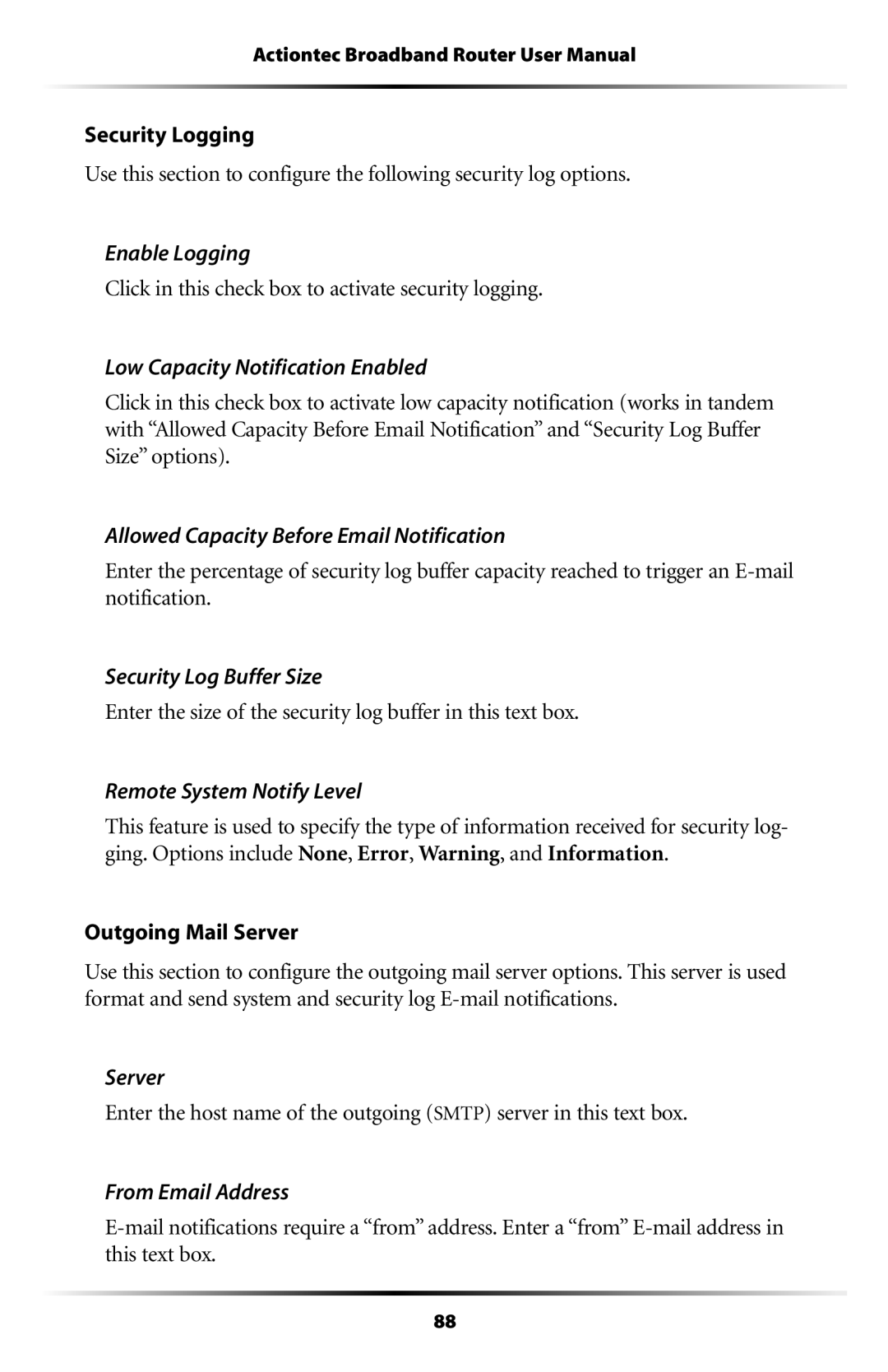 Actiontec electronic RI408 Click in this check box to activate security logging, Security Log Buffer Size, Server 