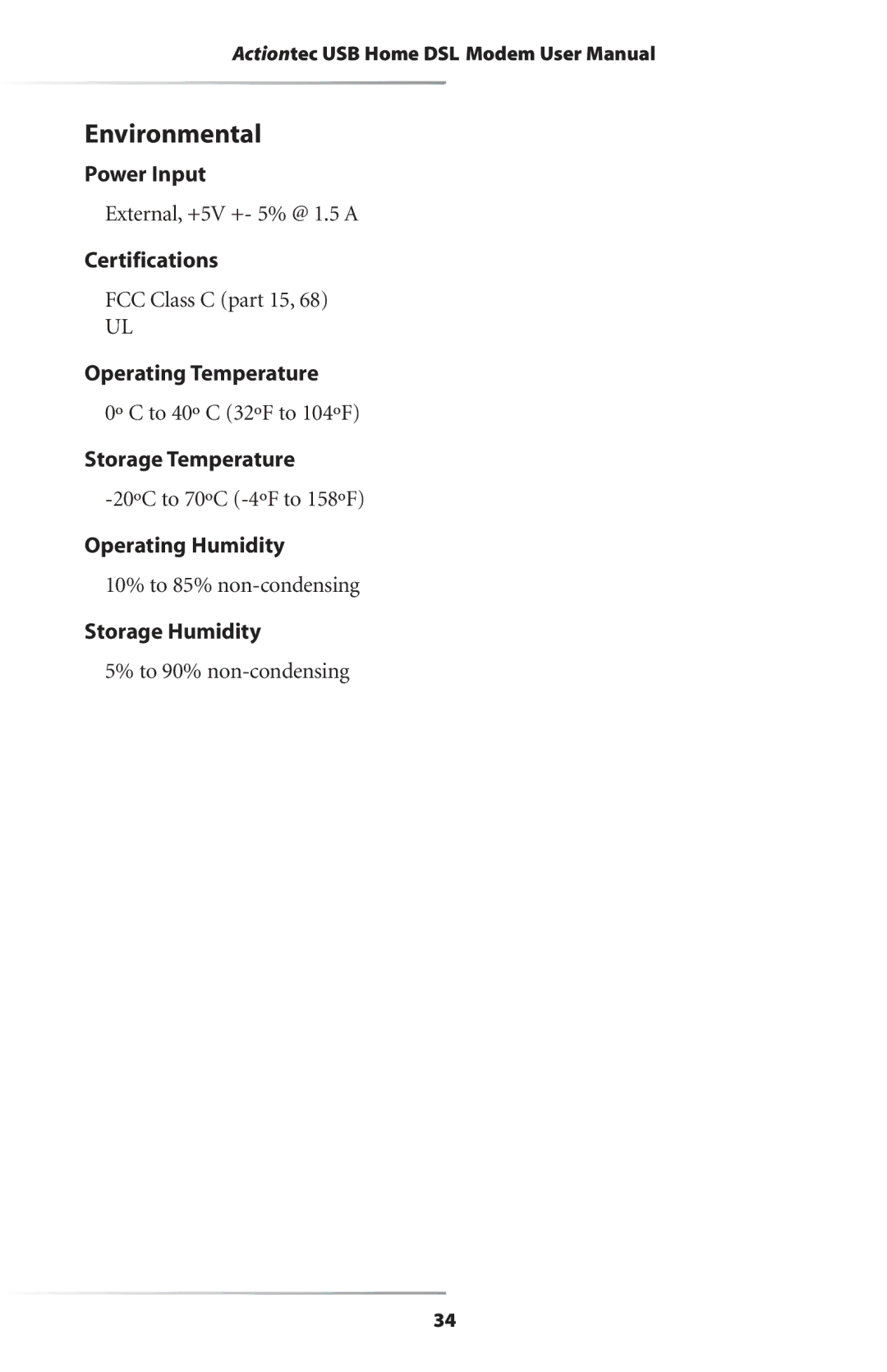 Actiontec electronic UD800TP user manual Environmental 