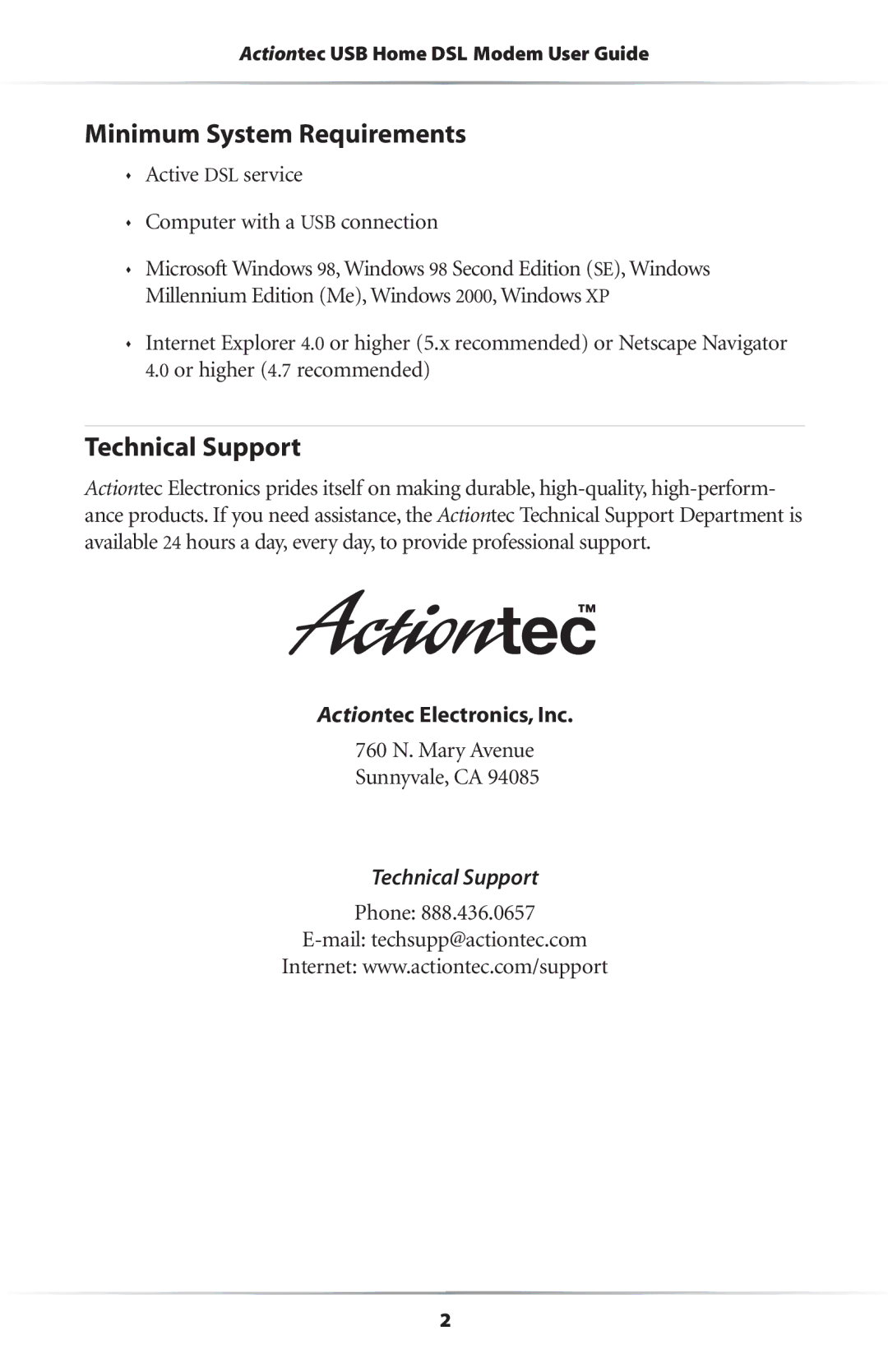 Actiontec electronic UD800TP user manual Minimum System Requirements, Technical Support, Actiontec Electronics, Inc 