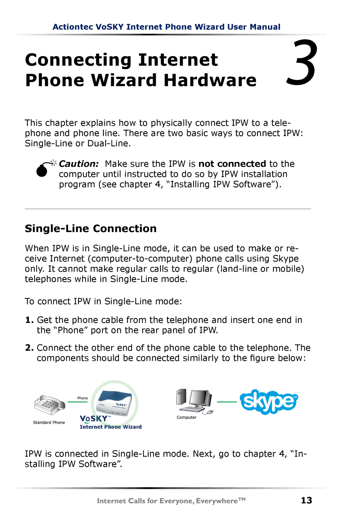 Actiontec electronic UP101 user manual Connecting Internet Phone Wizard Hardware, Single-Line Connection 