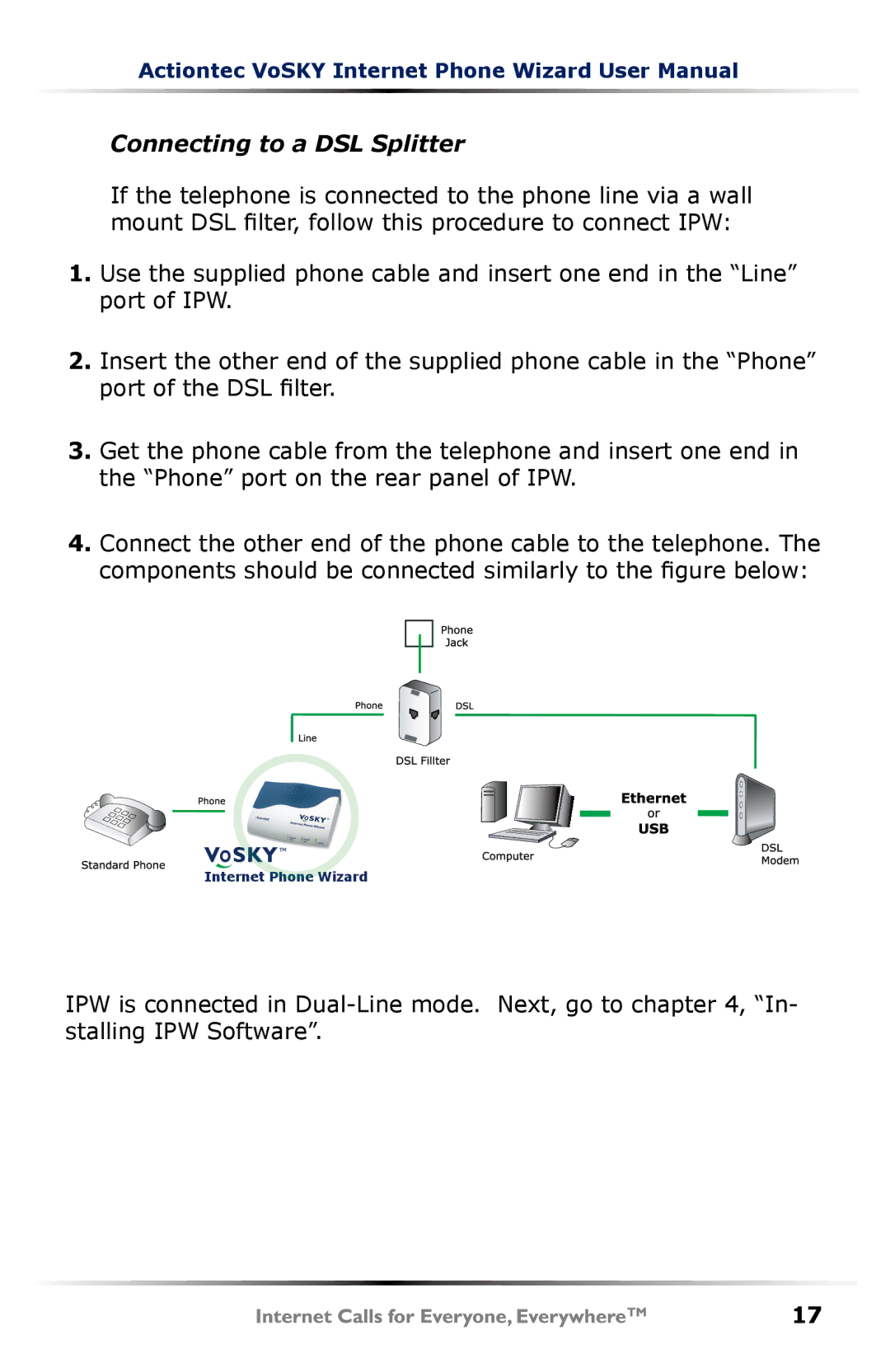 Actiontec electronic UP101 user manual Connecting to a DSL Splitter 