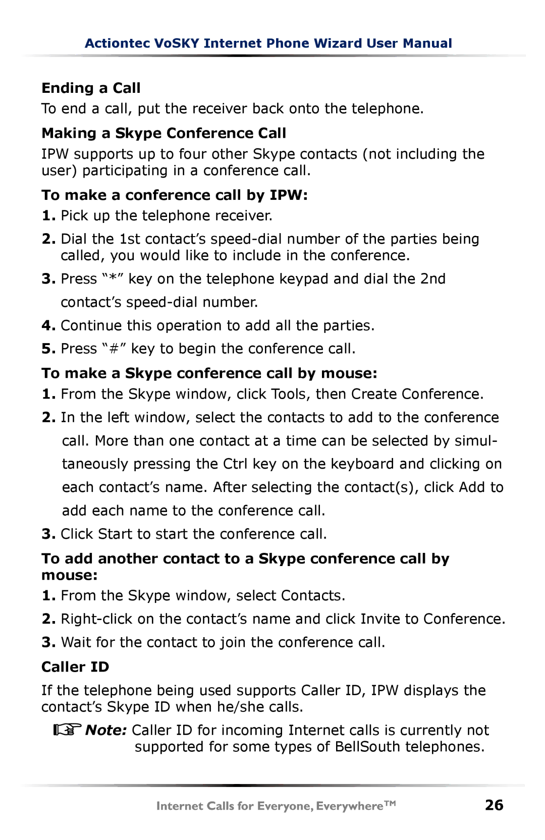 Actiontec electronic UP101 Ending a Call, Making a Skype Conference Call, To make a conference call by IPW, Caller ID 