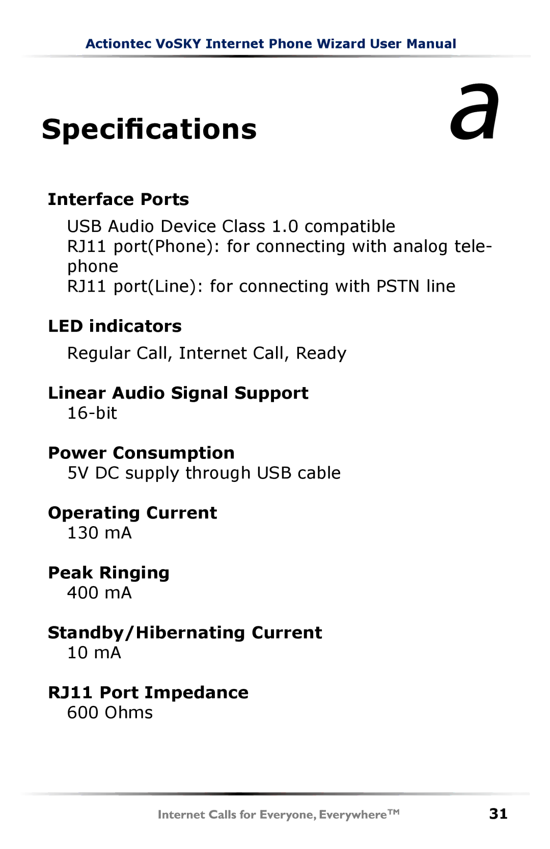 Actiontec electronic UP101 user manual Specifications 