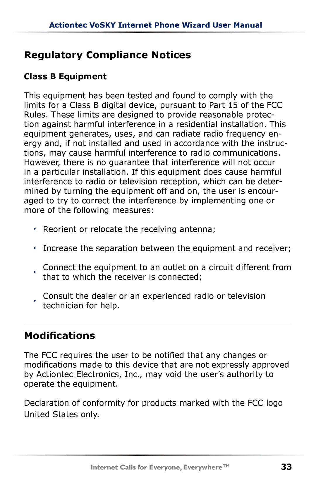 Actiontec electronic UP101 user manual Regulatory Compliance Notices, Modifications, Class B Equipment 