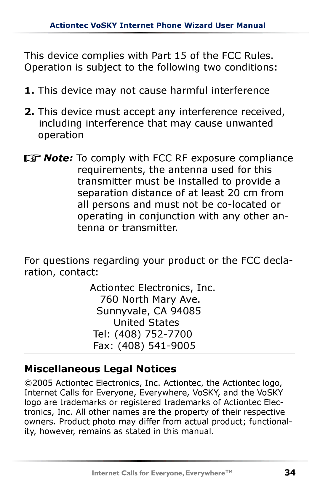 Actiontec electronic UP101 user manual Miscellaneous Legal Notices 