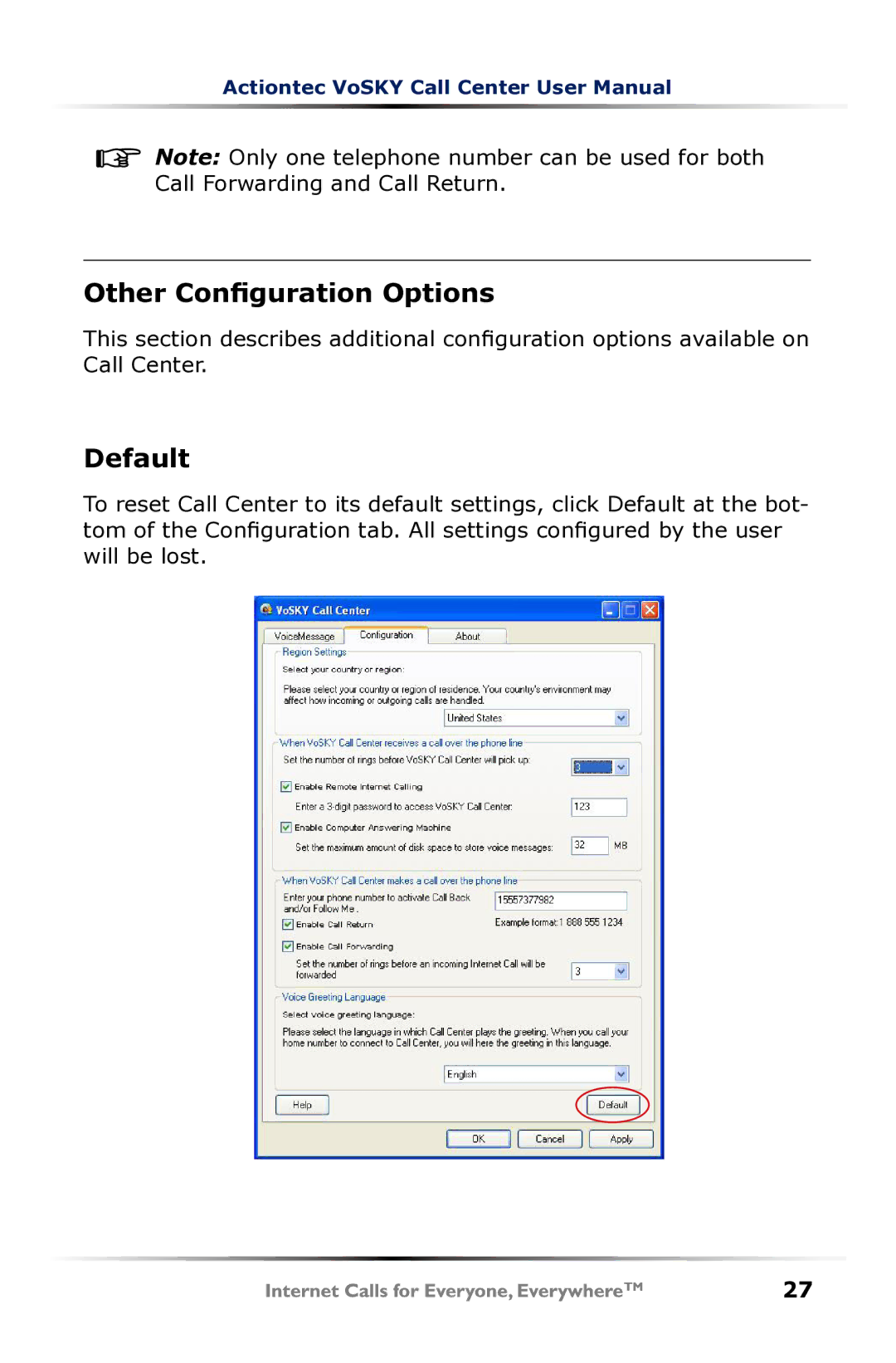 Actiontec electronic UP102 user manual Other Configuration Options, Default 