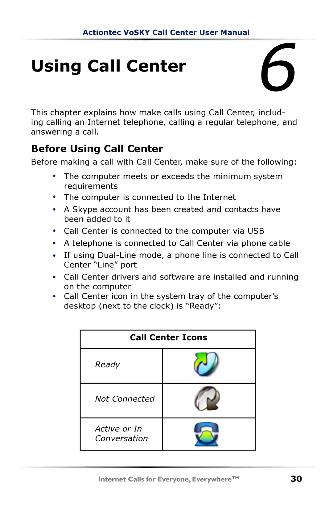 Actiontec electronic UP102 user manual Before Using Call Center, Call Center Icons 