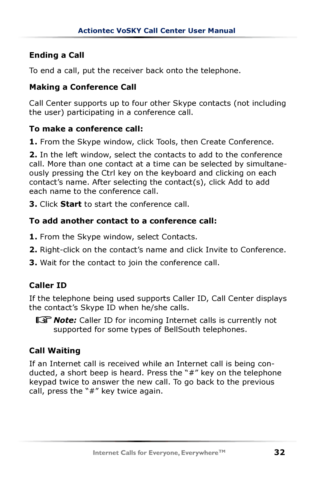 Actiontec electronic UP102 Ending a Call, Making a Conference Call, To make a conference call, Caller ID, Call Waiting 