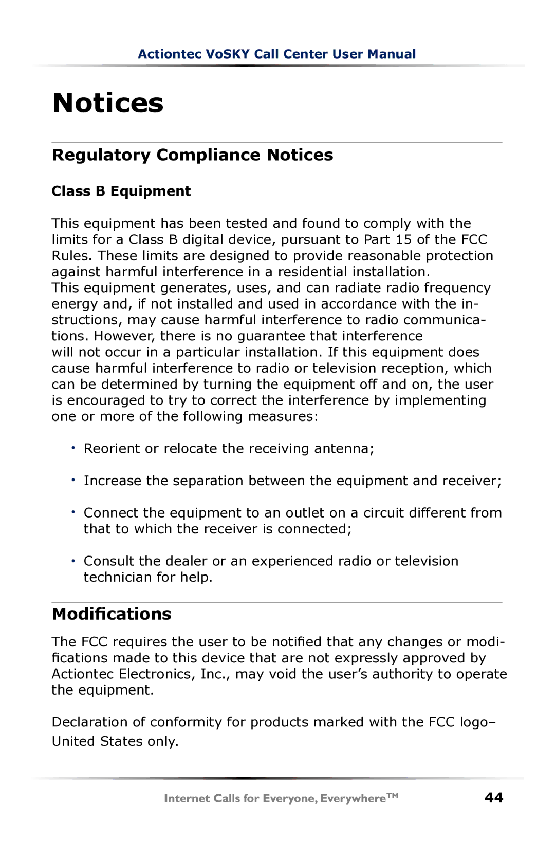 Actiontec electronic UP102 user manual Regulatory Compliance Notices, Modifications, Class B Equipment 