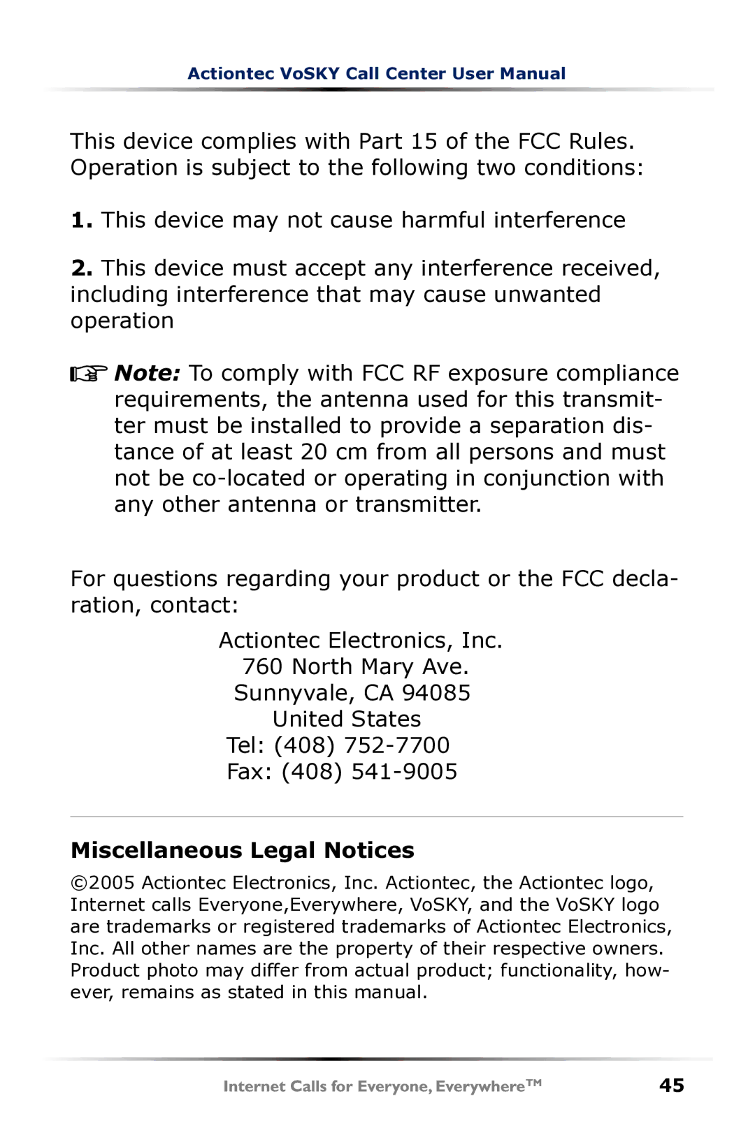 Actiontec electronic UP102 user manual Miscellaneous Legal Notices 