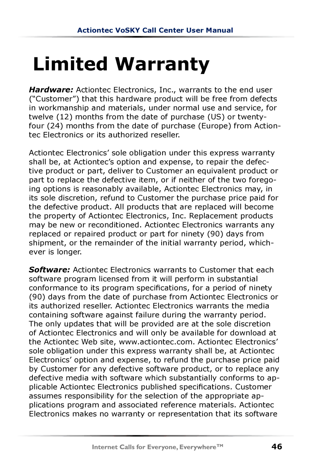 Actiontec electronic UP102 user manual Limited Warranty 