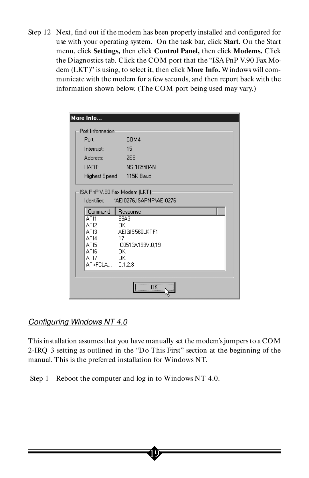 Actiontec electronic V.90 ISA user manual Configuring Windows NT 