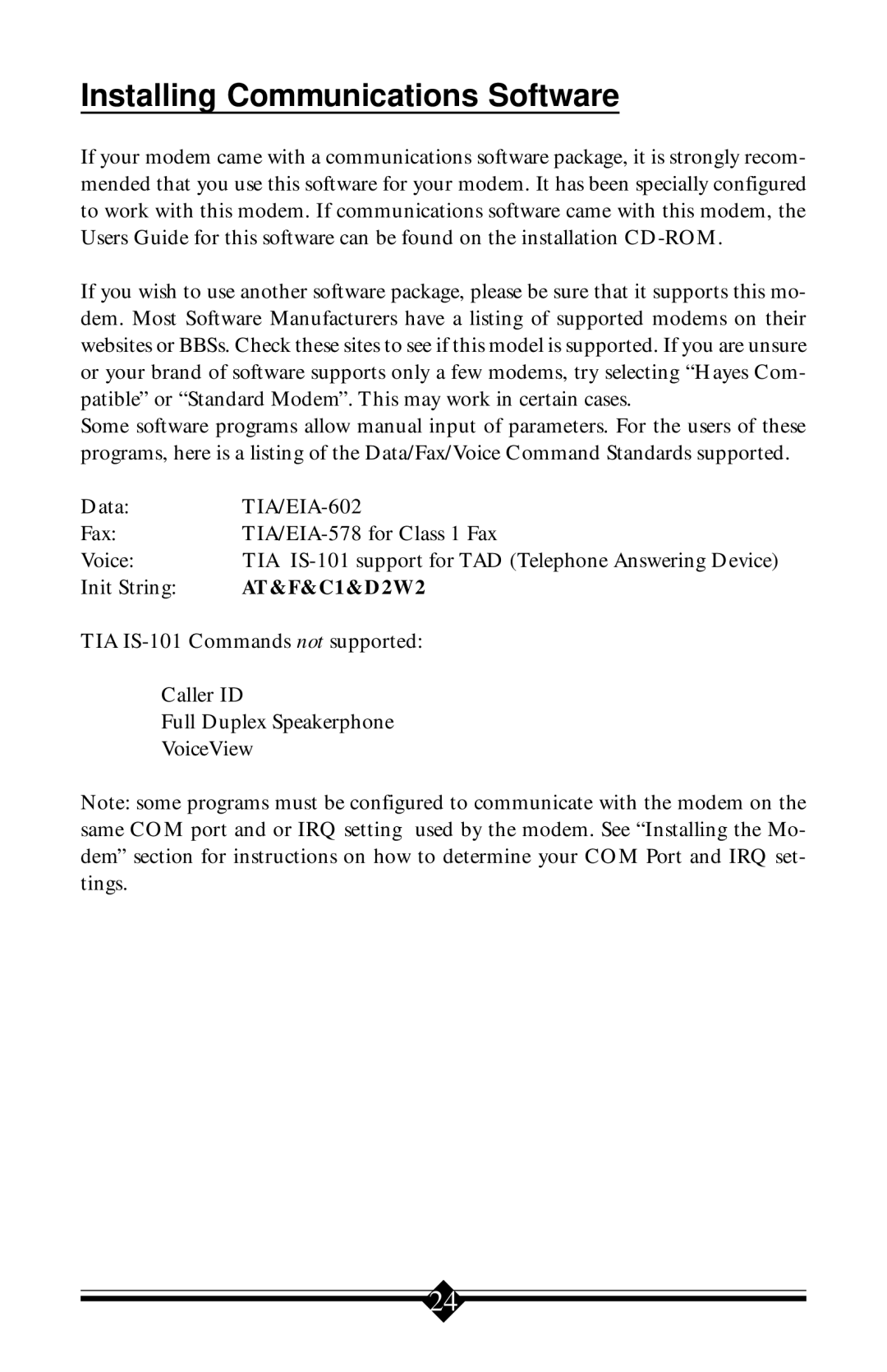 Actiontec electronic V.90 ISA Installing Communications Software, Fax TIA/EIA-578 for Class 1 Fax Voice, Init String 