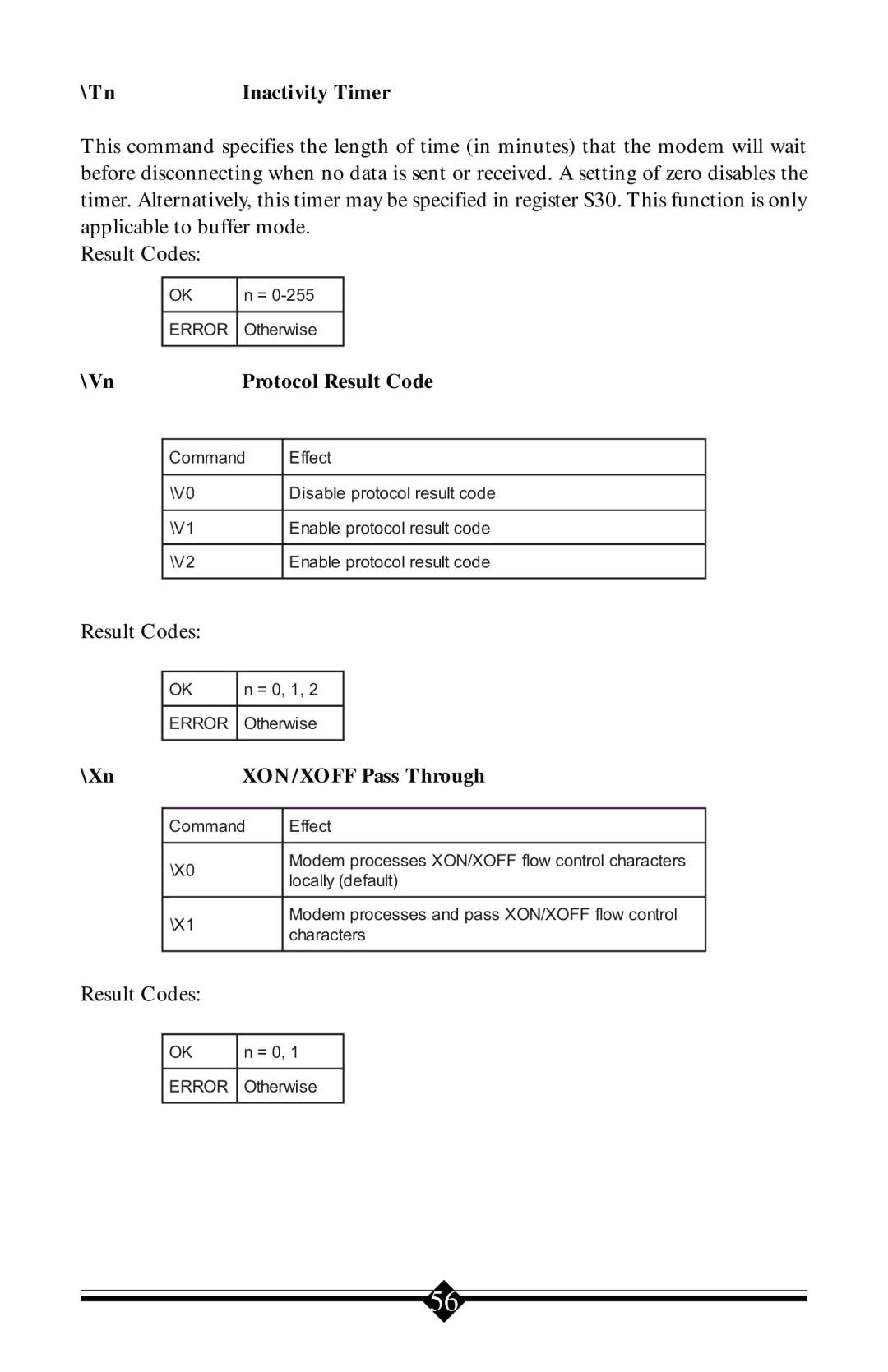 Actiontec electronic V.90 ISA user manual Tn Inactivity Timer, Vn Protocol Result Code, Xn XON/XOFF Pass Through 