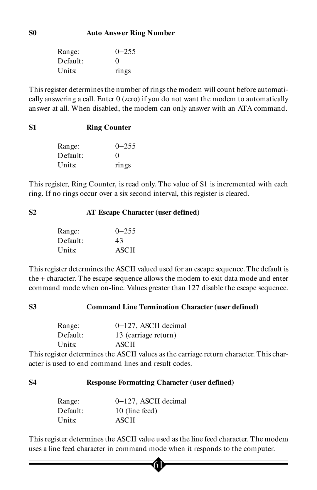 Actiontec electronic V.90 ISA user manual Range 0−255 Default Unitsrings, Range 0−255 Default UnitsASCII 