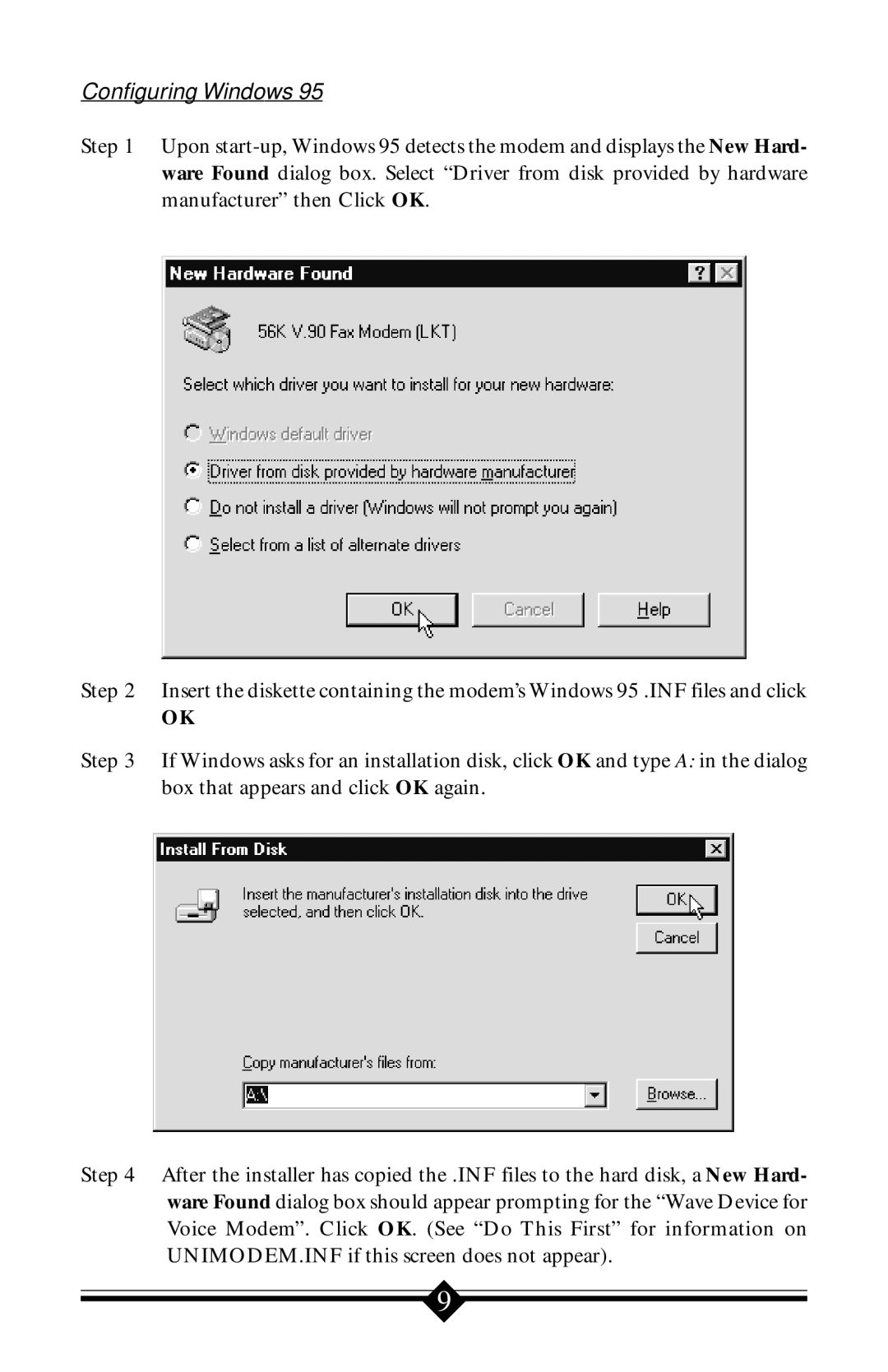 Actiontec electronic V.90 ISA user manual Configuring Windows 