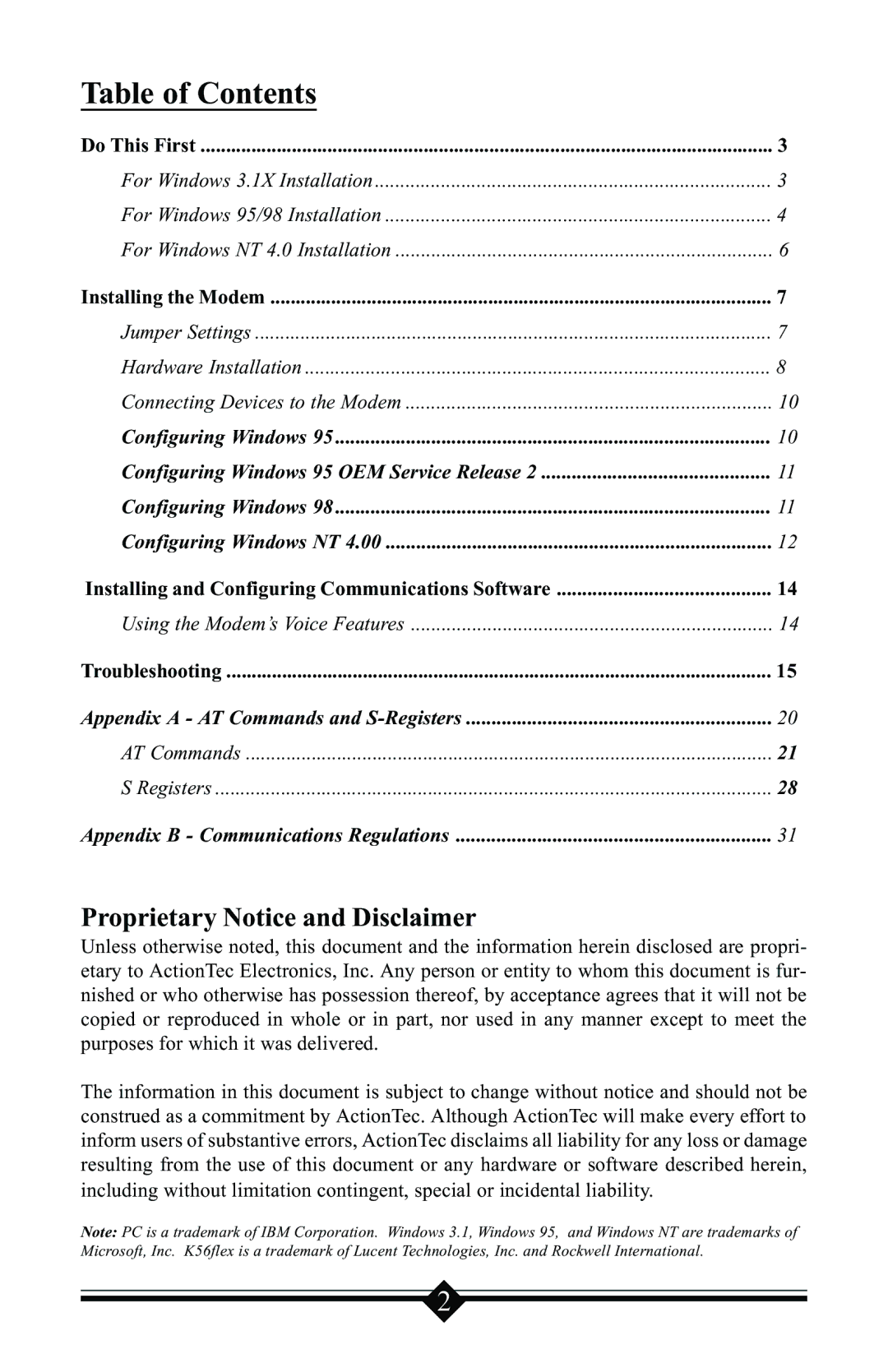 Actiontec electronic V.90 manual Table of Contents 