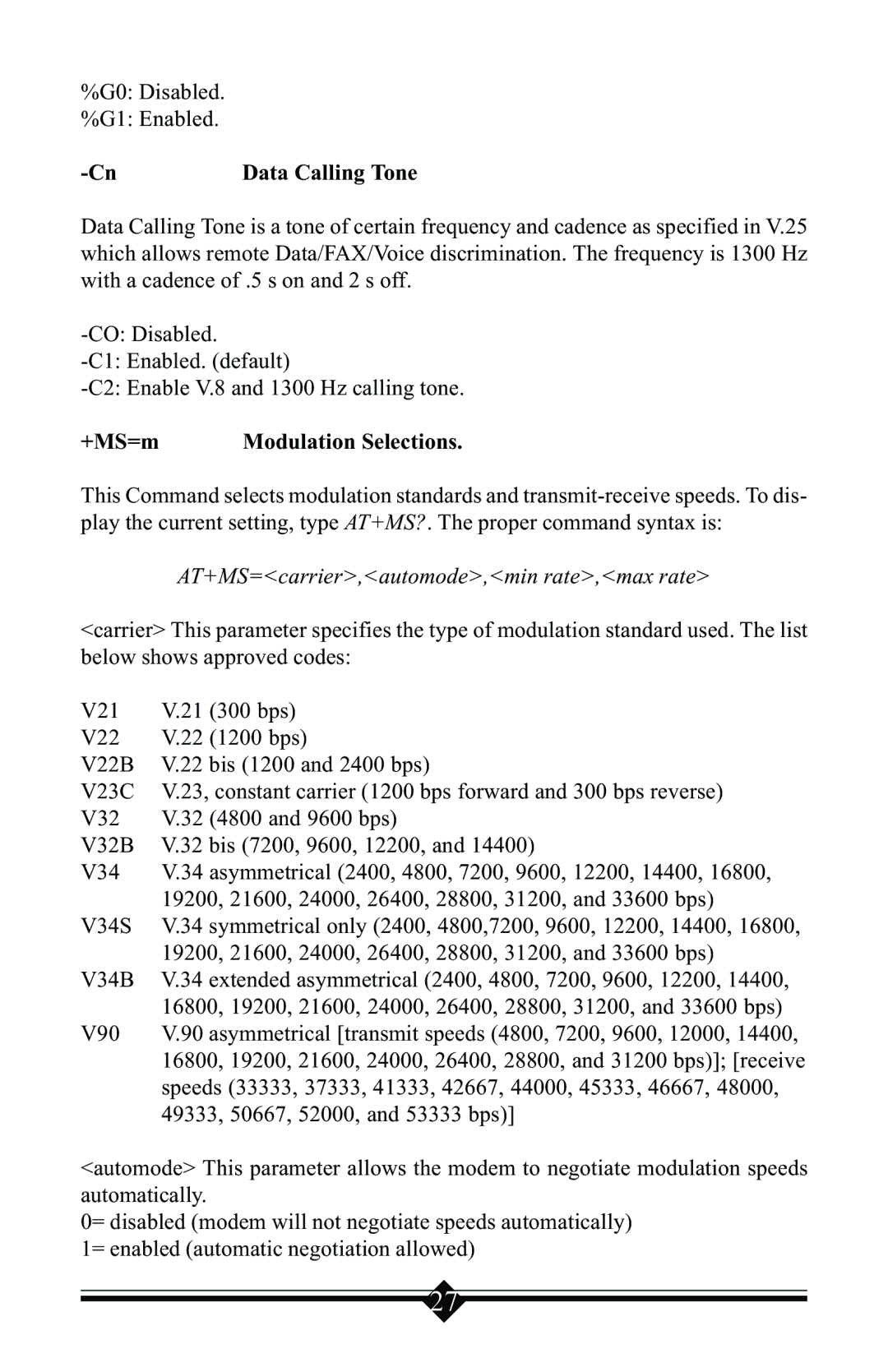 Actiontec electronic V.90 manual Modulation Selections 