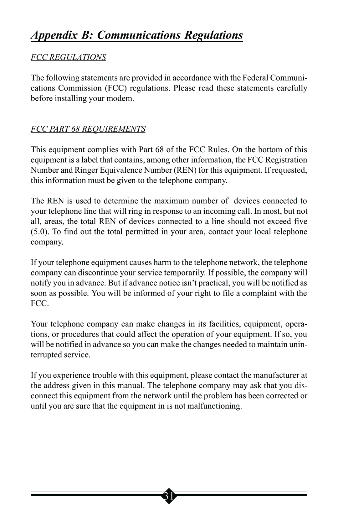 Actiontec electronic V.90 manual Appendix B Communications Regulations, FCC Regulations, FCC Part 68 Requirements 