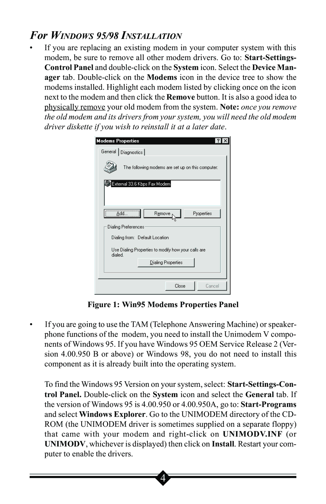 Actiontec electronic V.90 manual For Windows 95/98 Installation, Win95 Modems Properties Panel 