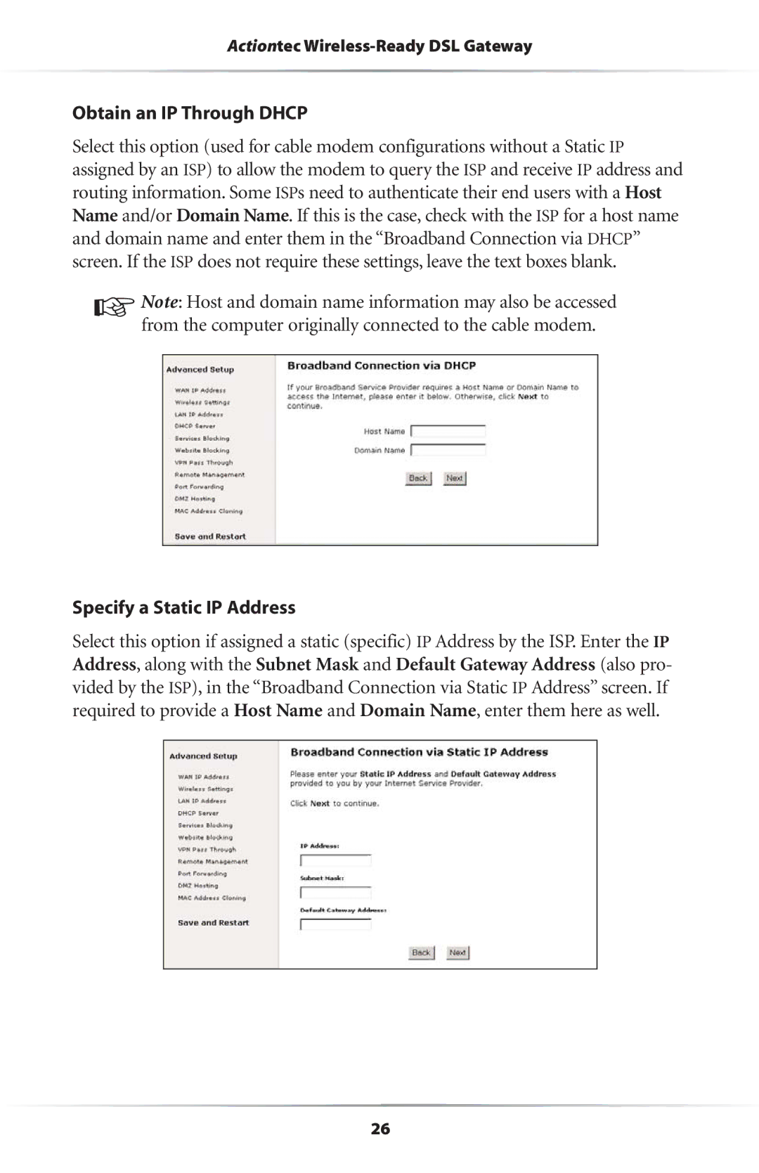 Actiontec electronic Wireless-Ready user manual Obtain an IP Through Dhcp, Specify a Static IP Address 