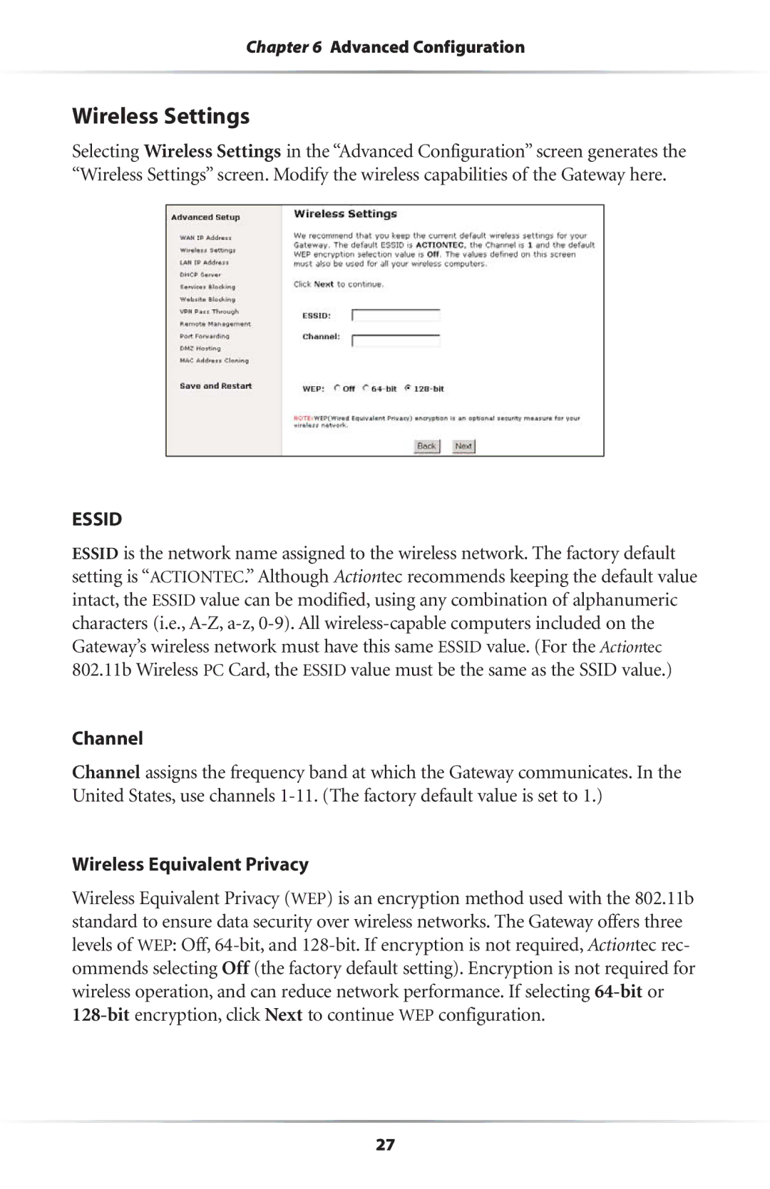 Actiontec electronic Wireless-Ready user manual Wireless Settings, Channel, Wireless Equivalent Privacy 