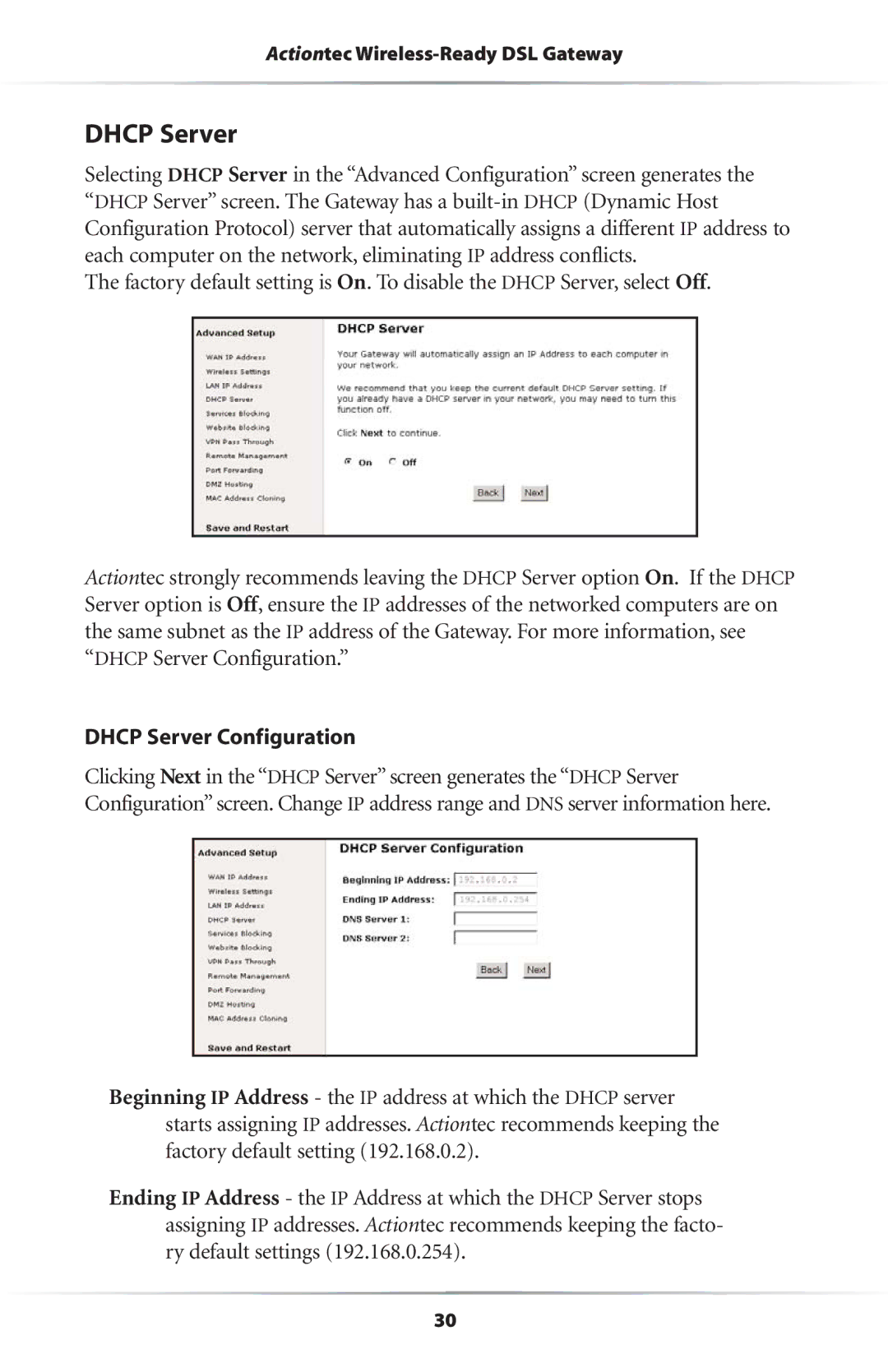 Actiontec electronic Wireless-Ready user manual Dhcp Server Configuration 