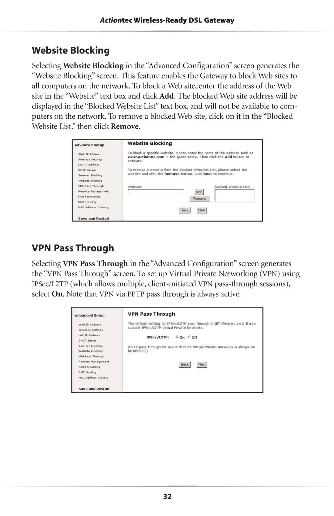 Actiontec electronic Wireless-Ready user manual Website Blocking, VPN Pass Through 