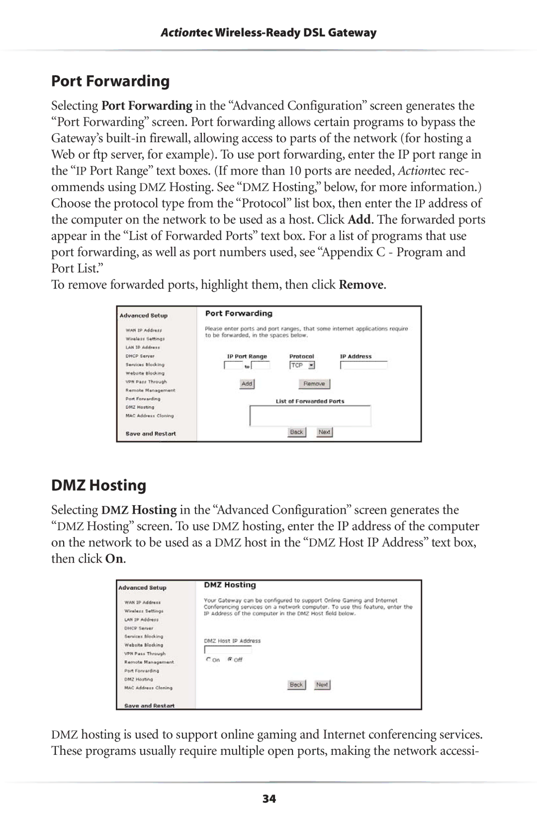 Actiontec electronic Wireless-Ready user manual Port Forwarding, DMZ Hosting 